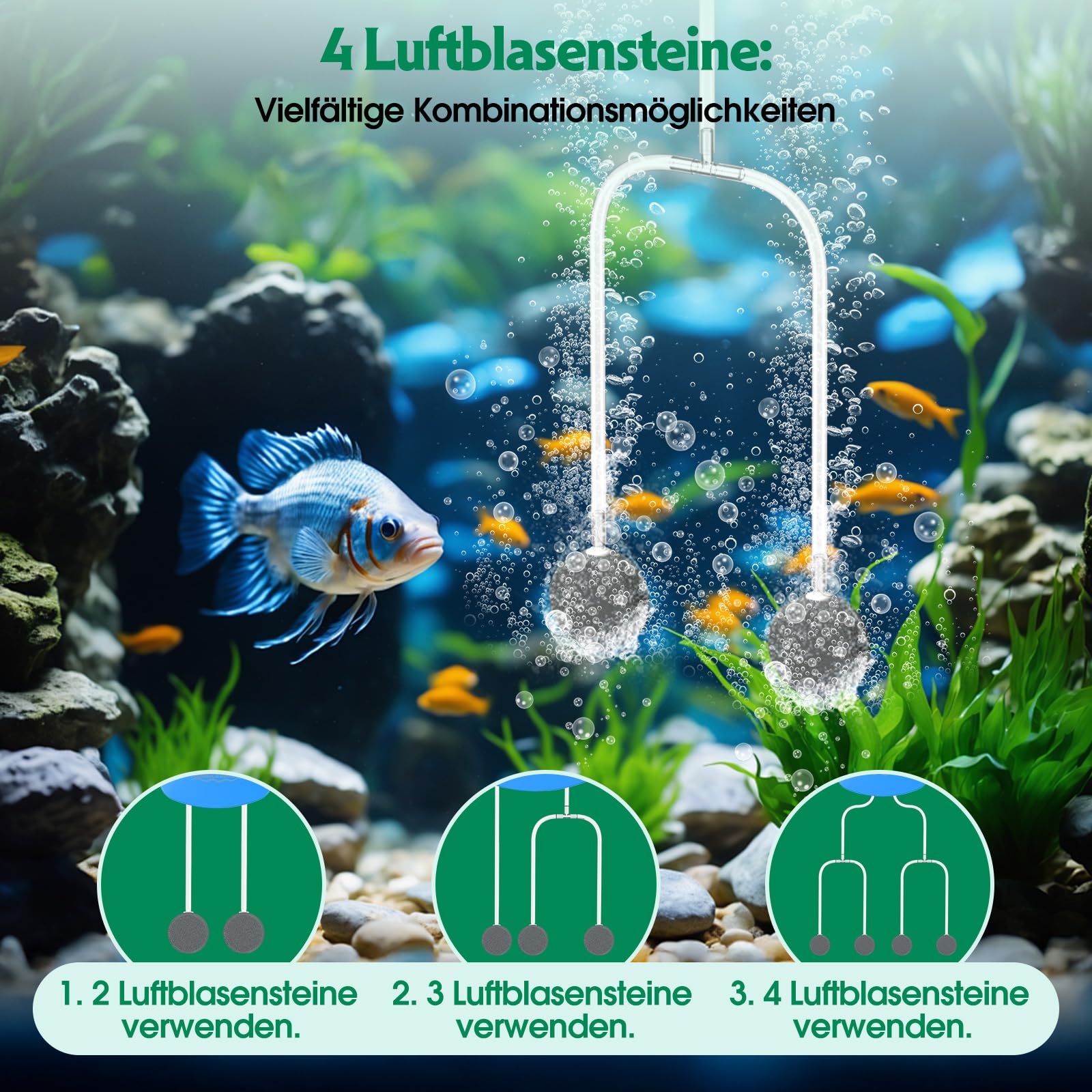AMZtime 8 W Teichbelüfter Sauerstoffpumpe für Teich, Doppelpumpen Design Solar Sauerstoffpumpe mit Akku, Sauerstoff Luftpumpe 3 Modi 4 Luftsteine für Gartenteich, Angeln, Hydroponic