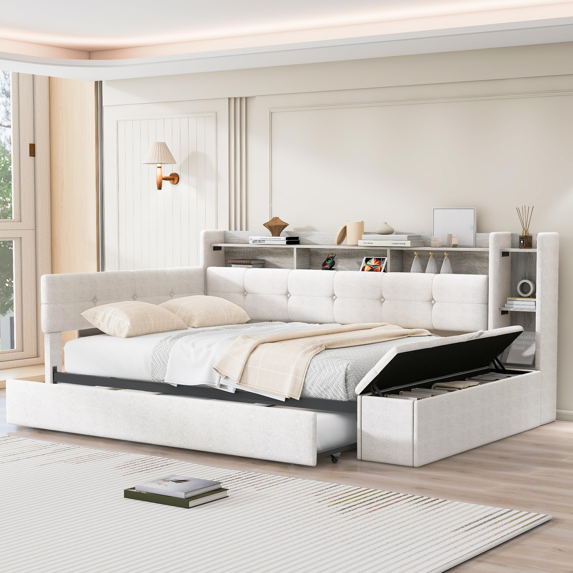 upholstered full size daybed with trundle, full corner bed frame with led lights and usb ports, l-shaped daybed with storage bookcase & footstool, beige (incomplete one box only)