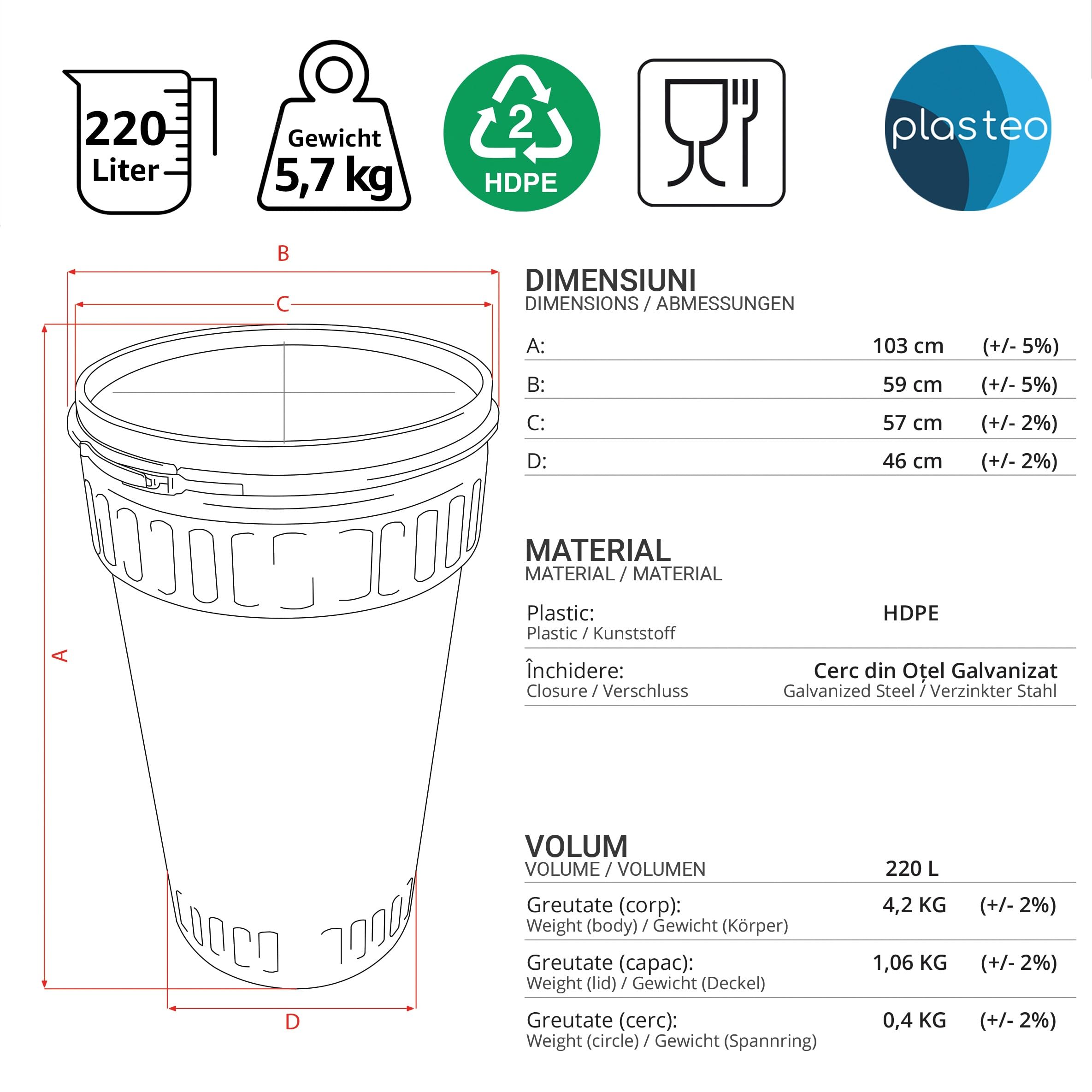 plasteo Fût à large ouverture de 220 litres avec couvercle et anneau de serrage, de qualité alimentaire et sans BPA, fût en plastique avec couvercle, fût de pluie, fût de stockage de choucroute