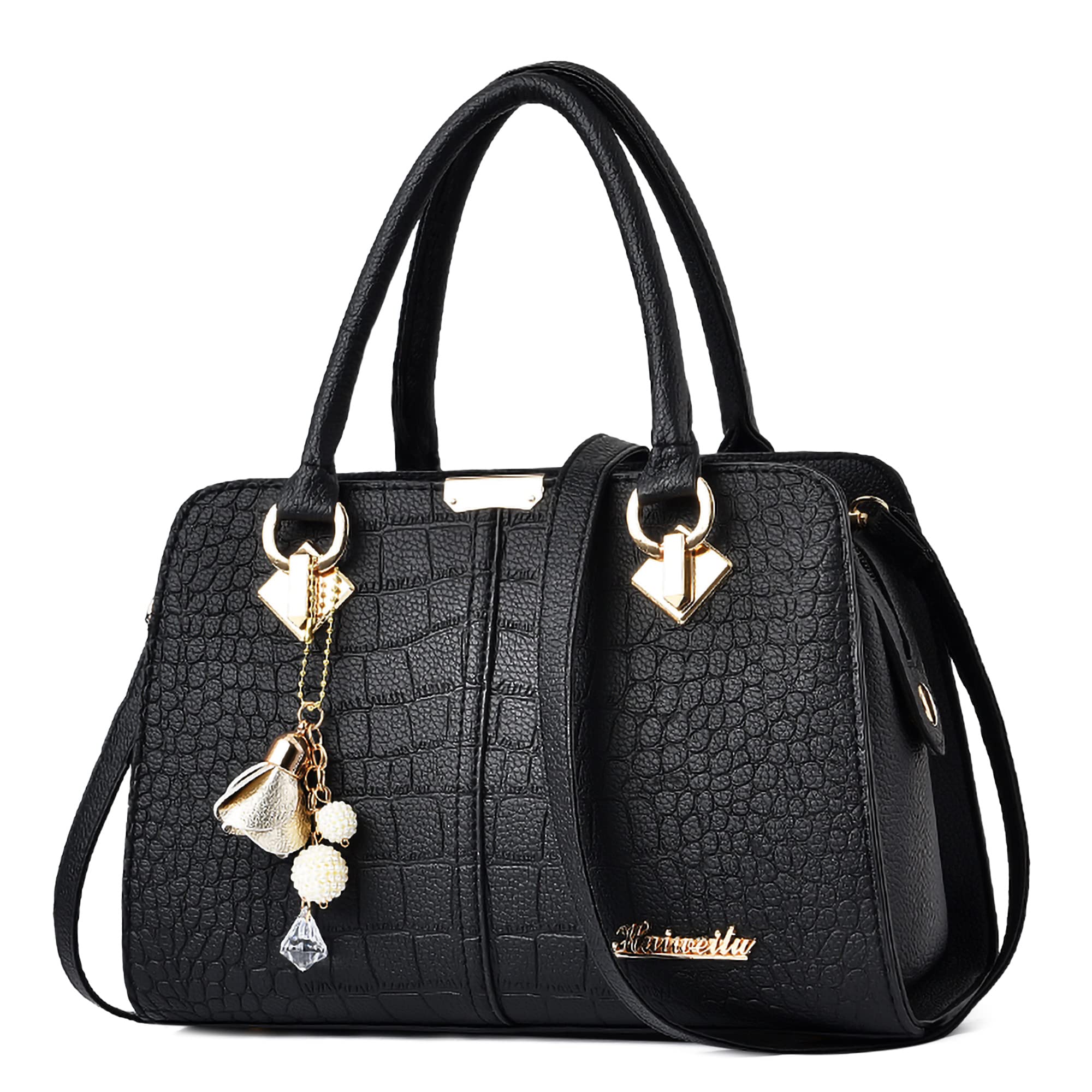 Handtasche Damen Mittelgroß - Elegante Große Kapazität Wasserdicht PU Leder Mode Ornamente Abnehmbarem Schulterriemen für Reisen Arbeit Einkaufen Klavierschwarz