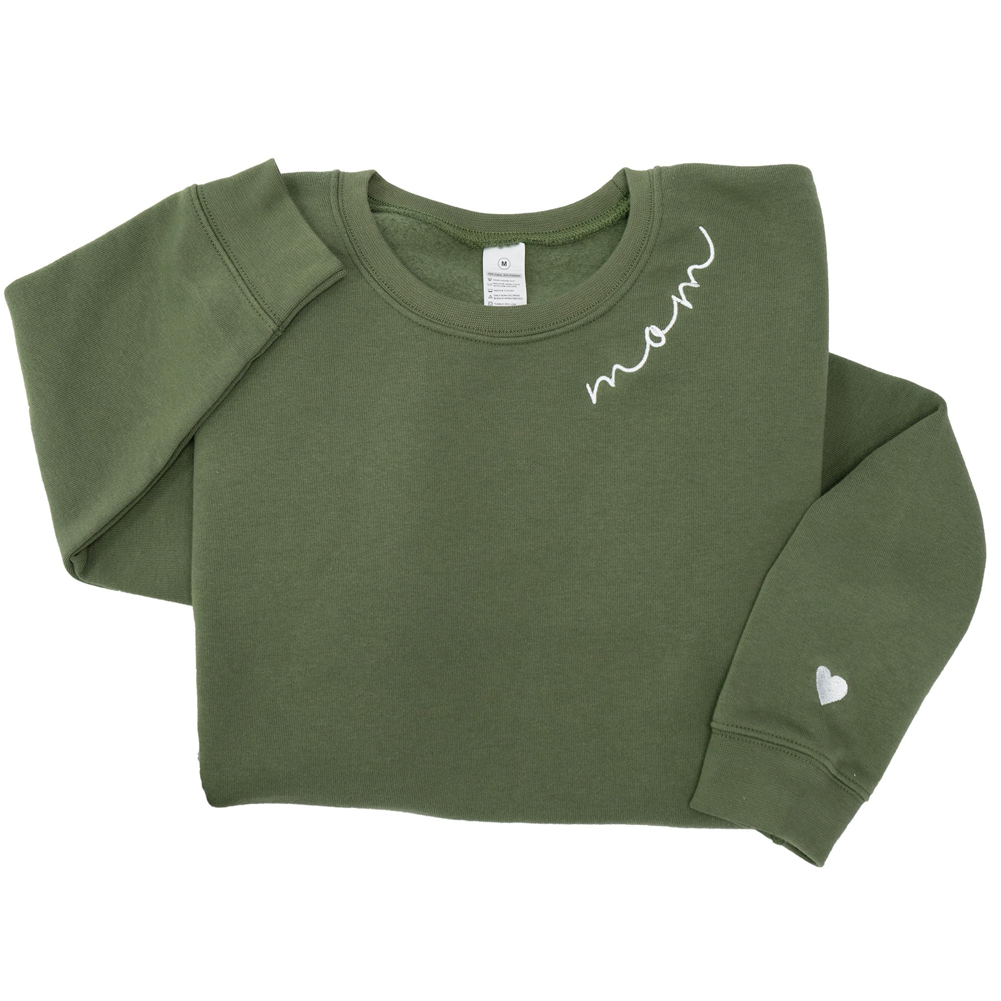 Photo 1 of - Mom Embroidered Crewneck Sweatshirt Heart On Sleeve for Women - Gifts For New Mom Mama Birthday Christmas Mothers Day Valentine Embroidery Pullover Sweater Shirt Military Green SIZE MEDIUM