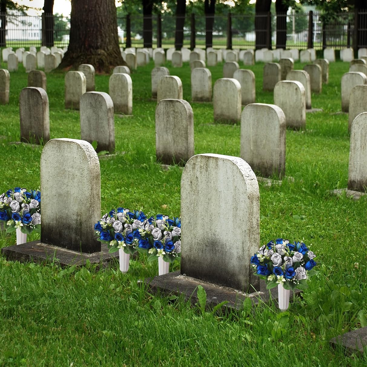 Artificial Cemetery Flower with Vase for Headstone,2 Set Graveyard Memorial Flowers,Grave Decoration Flower Bouquets,Cemetery Headstones Decoration,Outdoor Grave Flowers Decor (Blue-White)