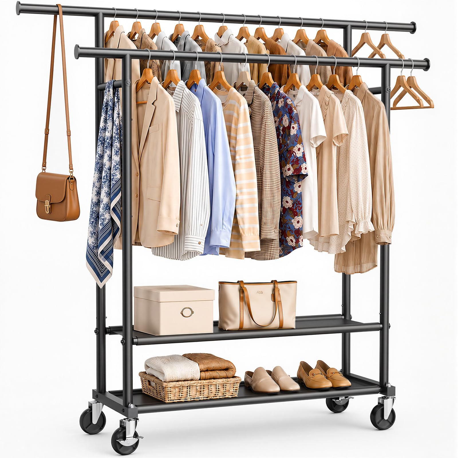 WATIOWL Portable Clothes Rack Rolling Garment Rack with Wheels 260LBS Black
