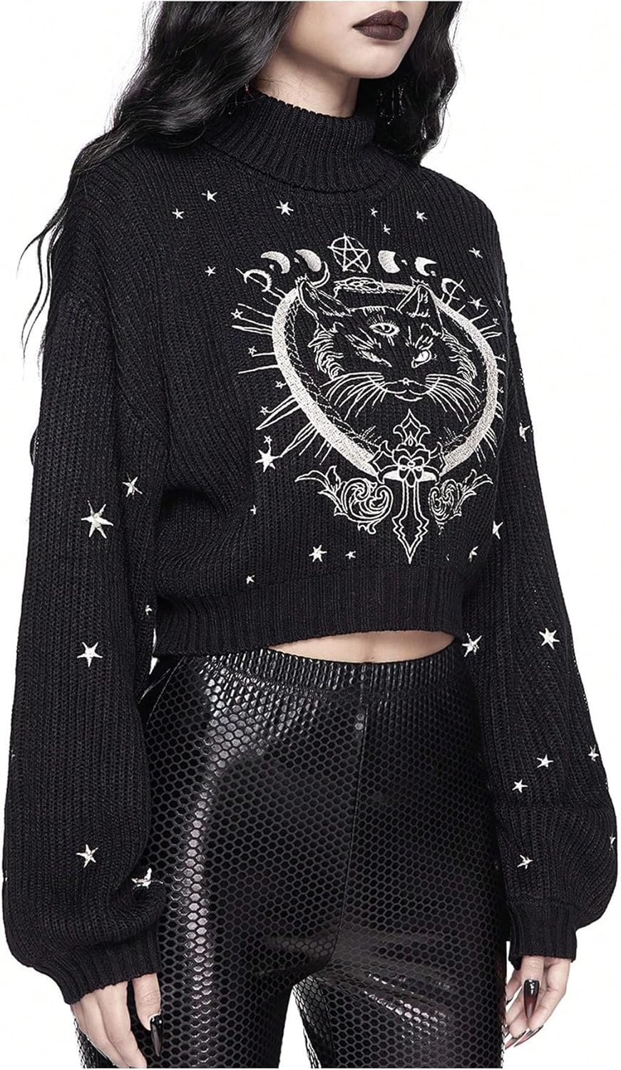 Women's Gothic Grunge Sweater Cat Graphic High Neck Long Sleeve Crop Sweater Pullover Knitwear - Image 4