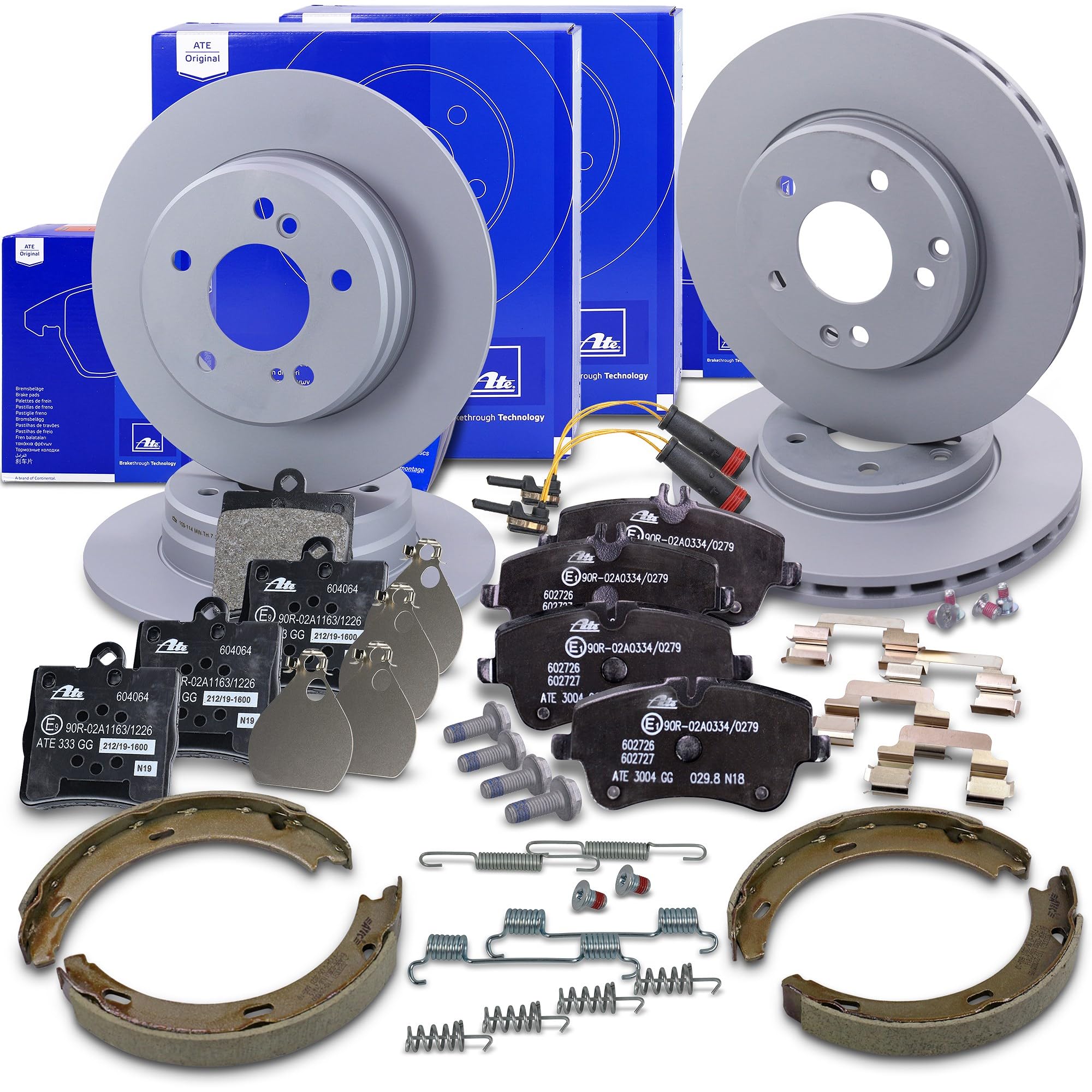 ATE Set di freni +dischi freno anteriori ¯ 288mm ventilati +posteriori ¯ 278mm pieni e pastiglie freno anteriori +posteriori e ganasce freno Compatibile con MERCEDES Classe C, Classe CLC, CLK, SLK