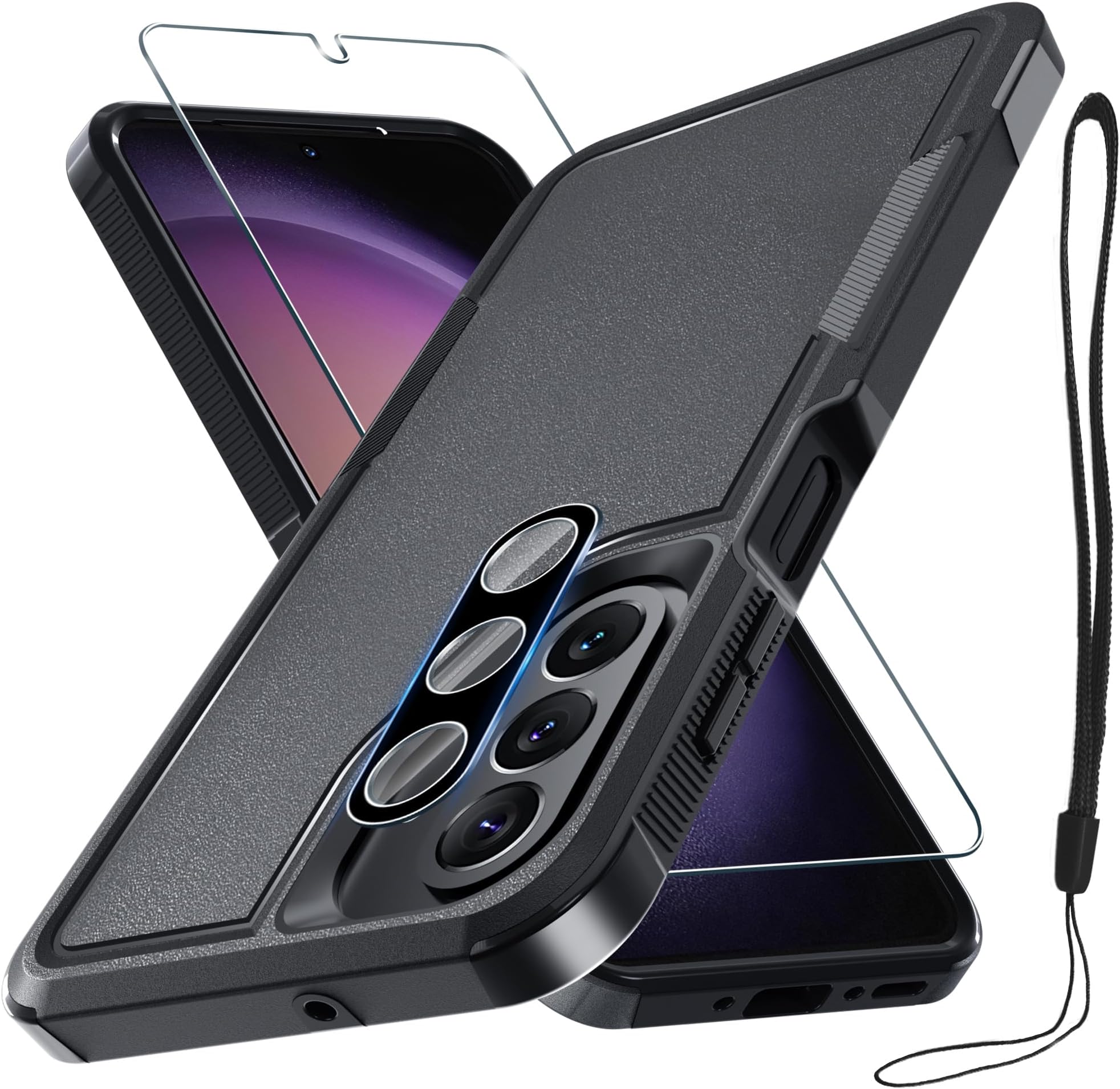 Case for Samsung Galaxy A26, Full Body Heavy Duty Rugged Shockproof Protective Phone Cover with Lanyard Strap, Tempered Glass Screen Protector and Camera Lens Cover, Black Matte