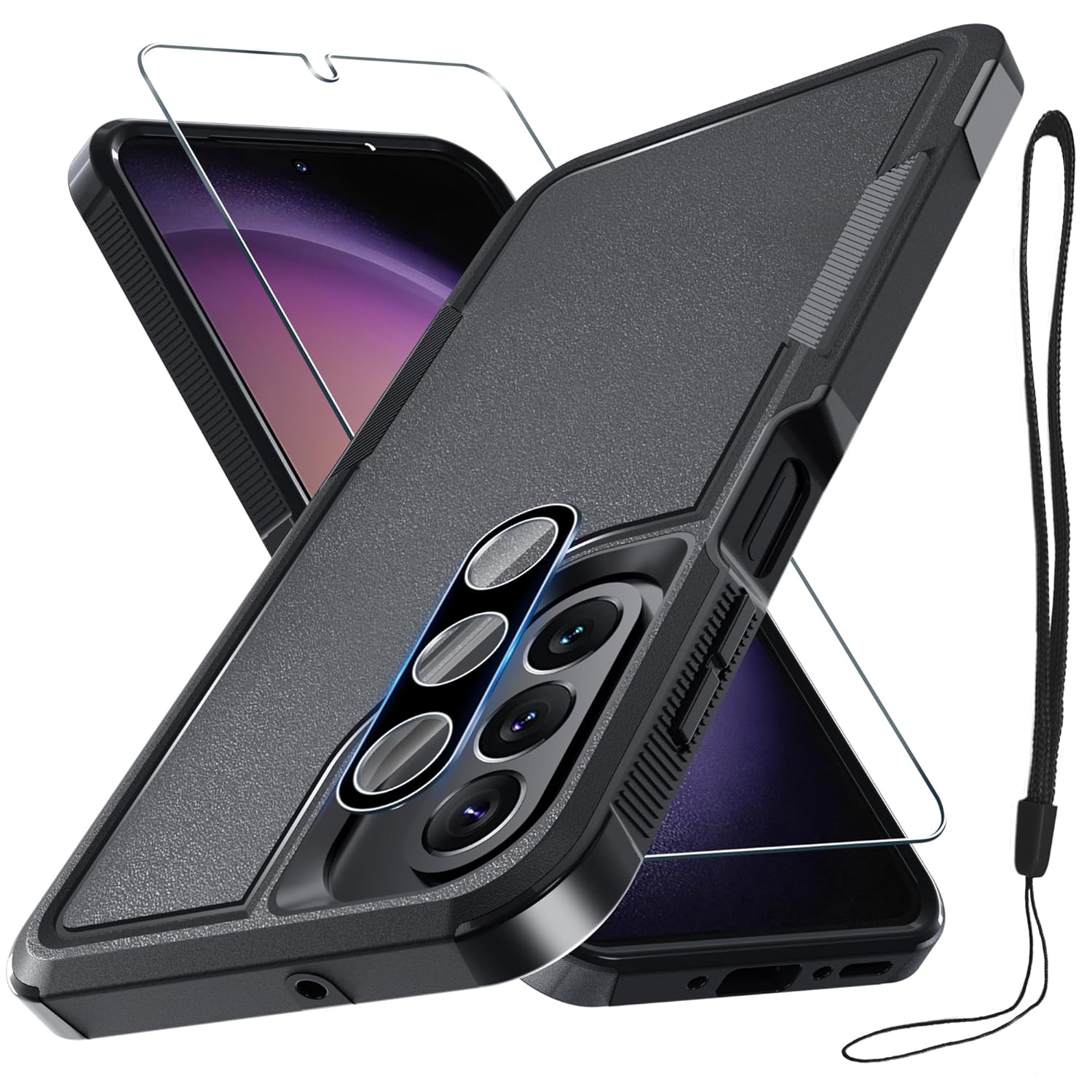 RMOCR Case for Samsung Galaxy A26, Full Body Heavy Duty Rugged Shockproof Protective Phone Cover with Lanyard Strap, Tempered Glass Screen Protector and Camera Lens Cover, Black Matte