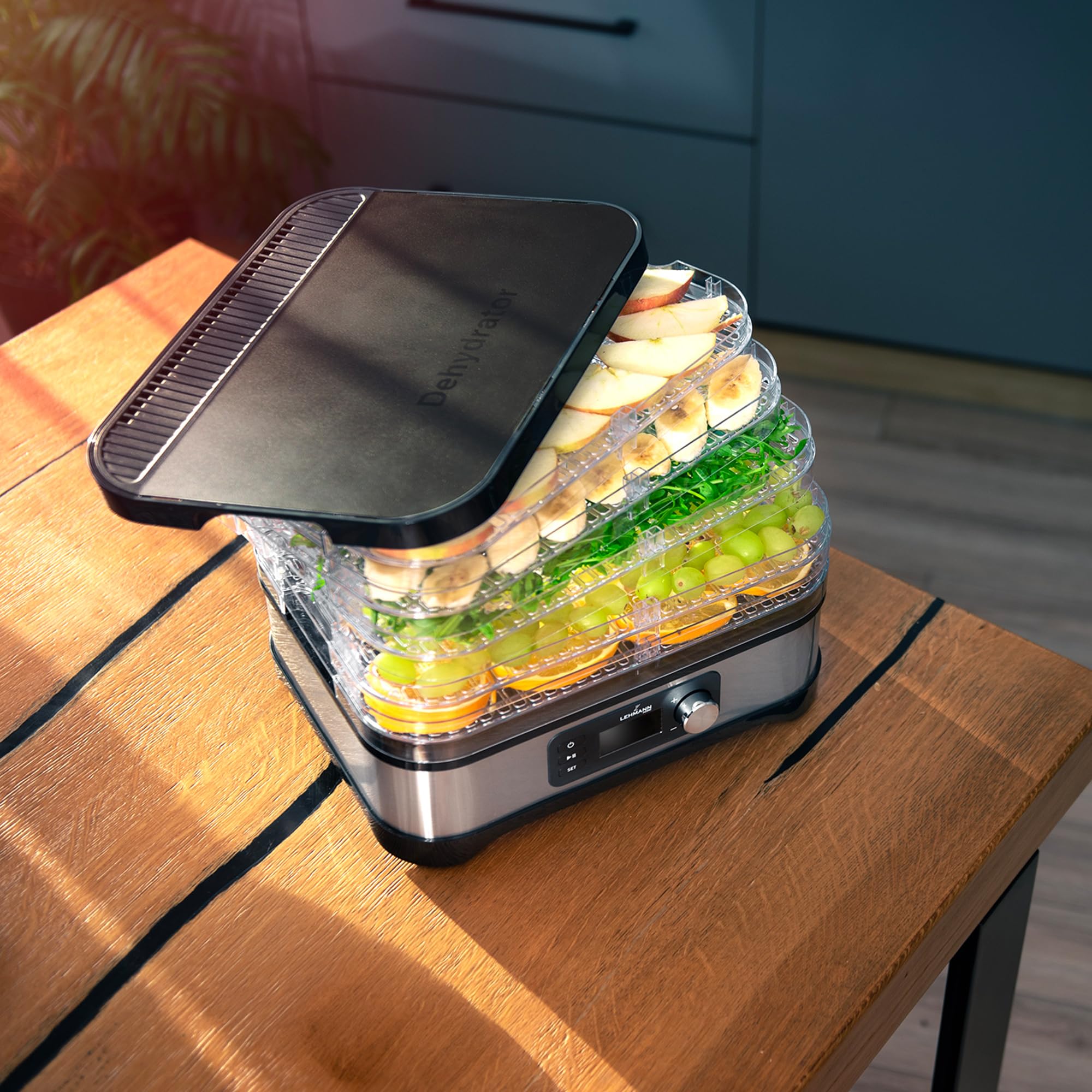 LEHMANN Déshydrateur Alimentaire en Acier Inoxydable, 450 W, 5 Plateaux Réglables en Hauteur, Température Réglable 35-70°C, Minuterie 24 h, sans BPA, pour Champignons, Fruits, Légumes