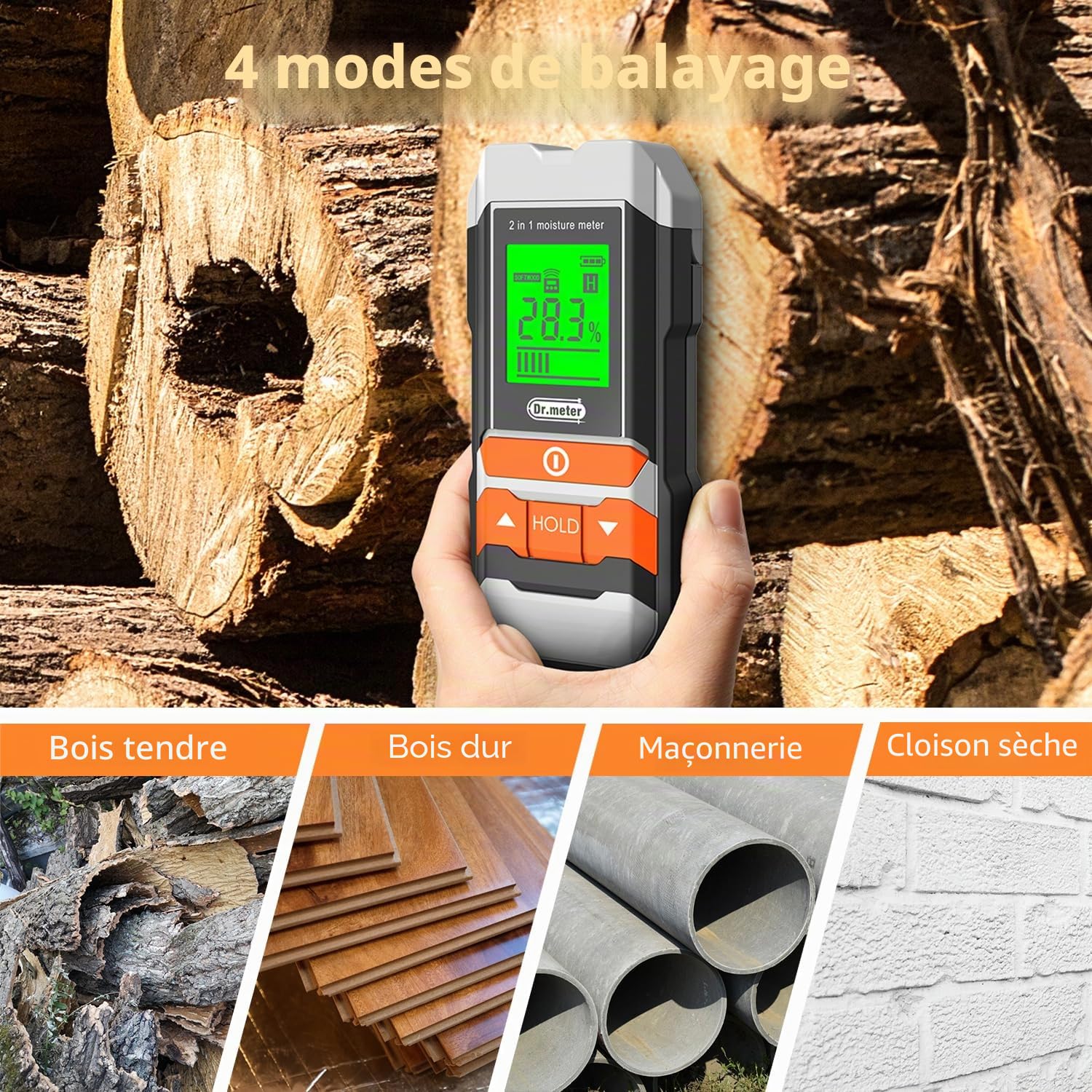 Dr.meter Testeur Humidité, 2 in 1 Testeur Humidité Bois Avec ou sans épingle Testeur Humidité Mur Testeur de L'humidité du Bois et des Matériaux de Construction Ecran LCD Rétroéclairé