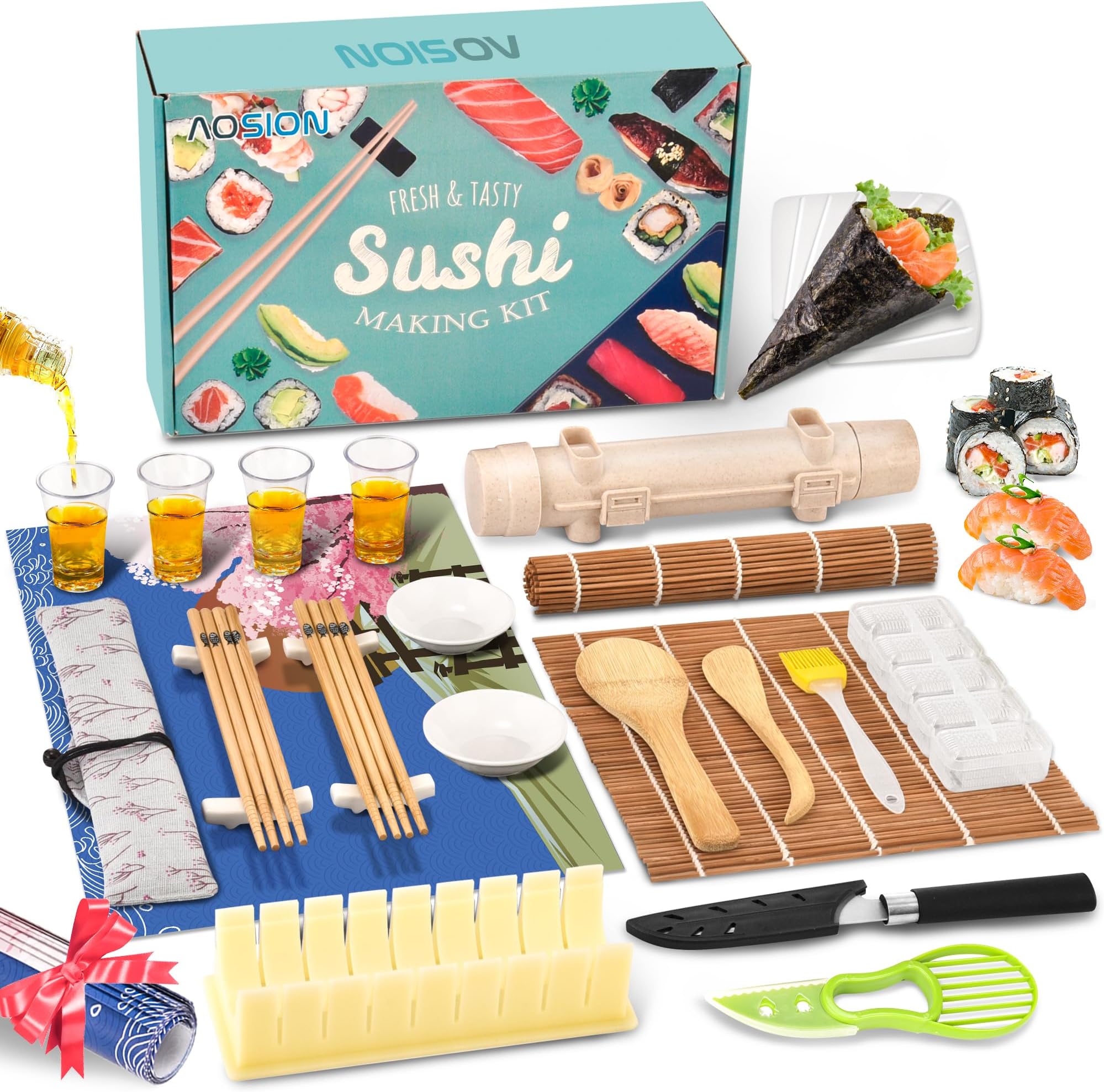 AOSIONSushi Making Kit- Premium Sushi Making Kit for Beginners/Kids/Pros Sushi Makers,DIY Sushi Maker Kit with Sake Cups& Placemats,Bamboo Rollers,Sushi Bazooka,Nigiri & Hand Roll Mold, Knife& More