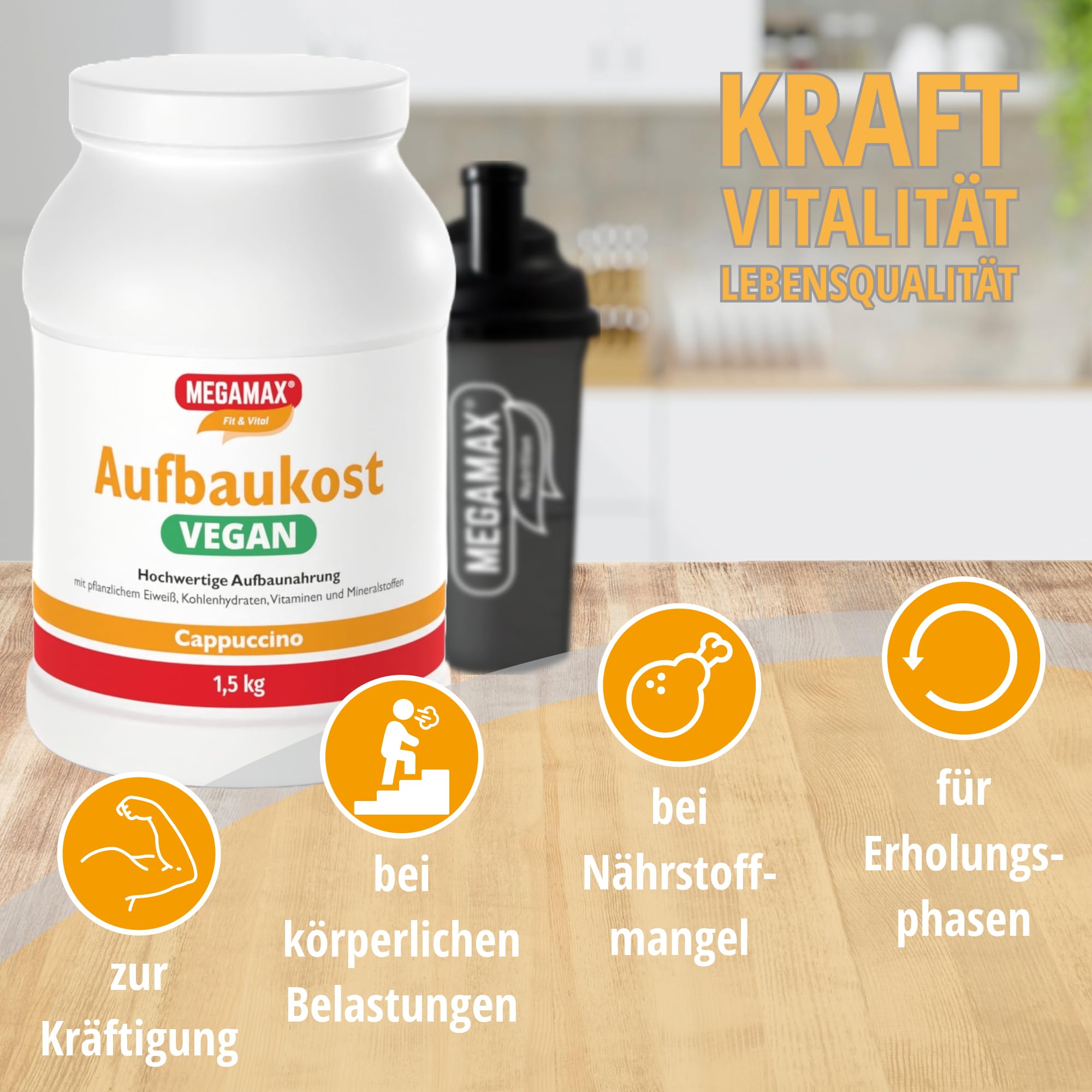 MEGAMAX Aufbaukost VEGAN Cappuccino 1.5 kg -Ideal bei Masseaufbau und Mangelernährung -Proteinpulver zur Zubereitung eines fettarmen Kohlenhydrat-Erbsenprotein Getränkes für Muskelmasse als Massgainer