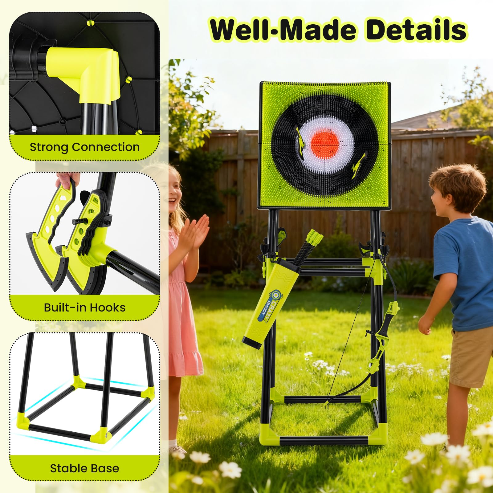 HOMASIS Axt Wurfspiel Set, Wurfäxte Spiel mit Zielscheibe, 4 Äxten, 4 sternförmigen Dartpfeilen & 4 Dartpfeilen, Bogenschießen Set mit Bogen & 6 Pfeilen für Kinder & Erwachsene