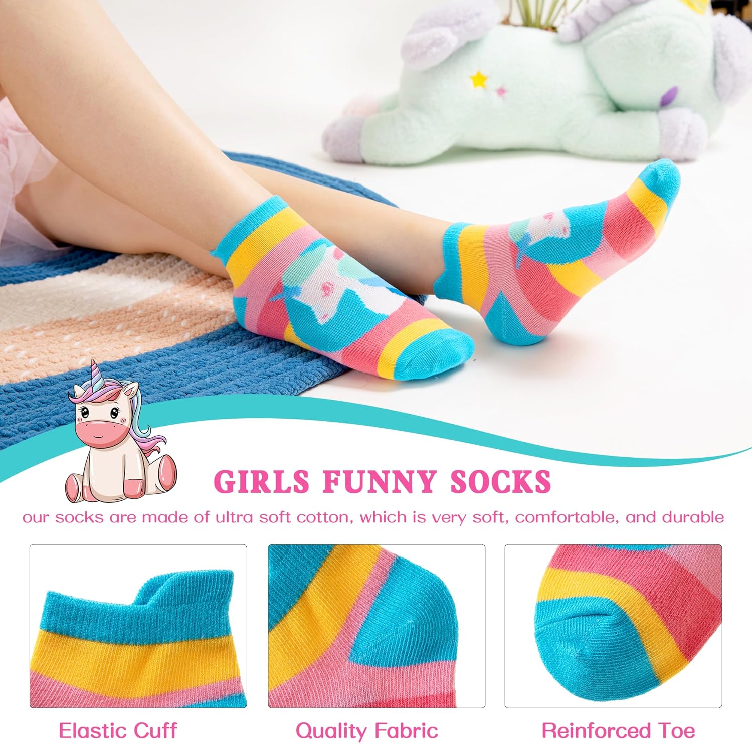 WEVIAS Kids Girls Socks Unicorn Ankle Funny Cartoon Low Cut Cotton Cute Novelty Fashion Toddler No Show Silly Socks 6 Pairs - Image 5