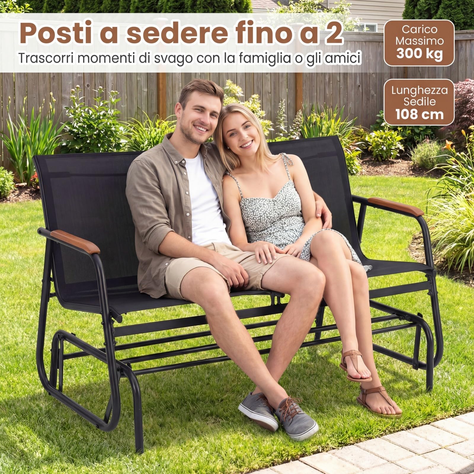 COSTWAY Panca a Dondolo da Esterno, Panchina a 2/3 Posti da Giardino con Movimento Oscillante, Braccioli Curvi in Legno, Sedia a Dondolo per Veranda, Giardino, Portata 300KG/450KG (Nero, 2 Posti)