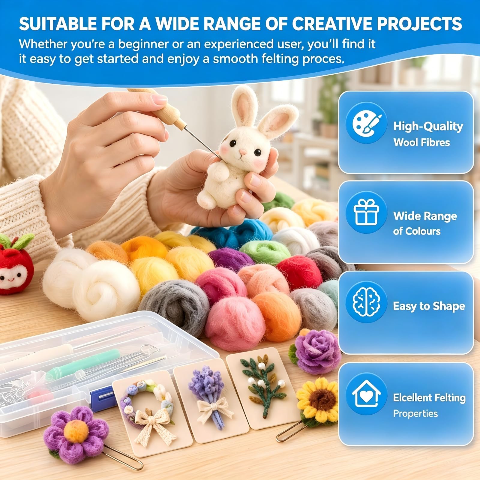 Kit de Feutre 72 Couleurs Laine Cardée – Avec Boîte, Aiguilles, Ciseaux, Dé à Coudre – Laine à Feutrer Set 72 Couleurs pour Feutrage à Sec et Mouillé – Jouet DIY, Bijou, Décoration