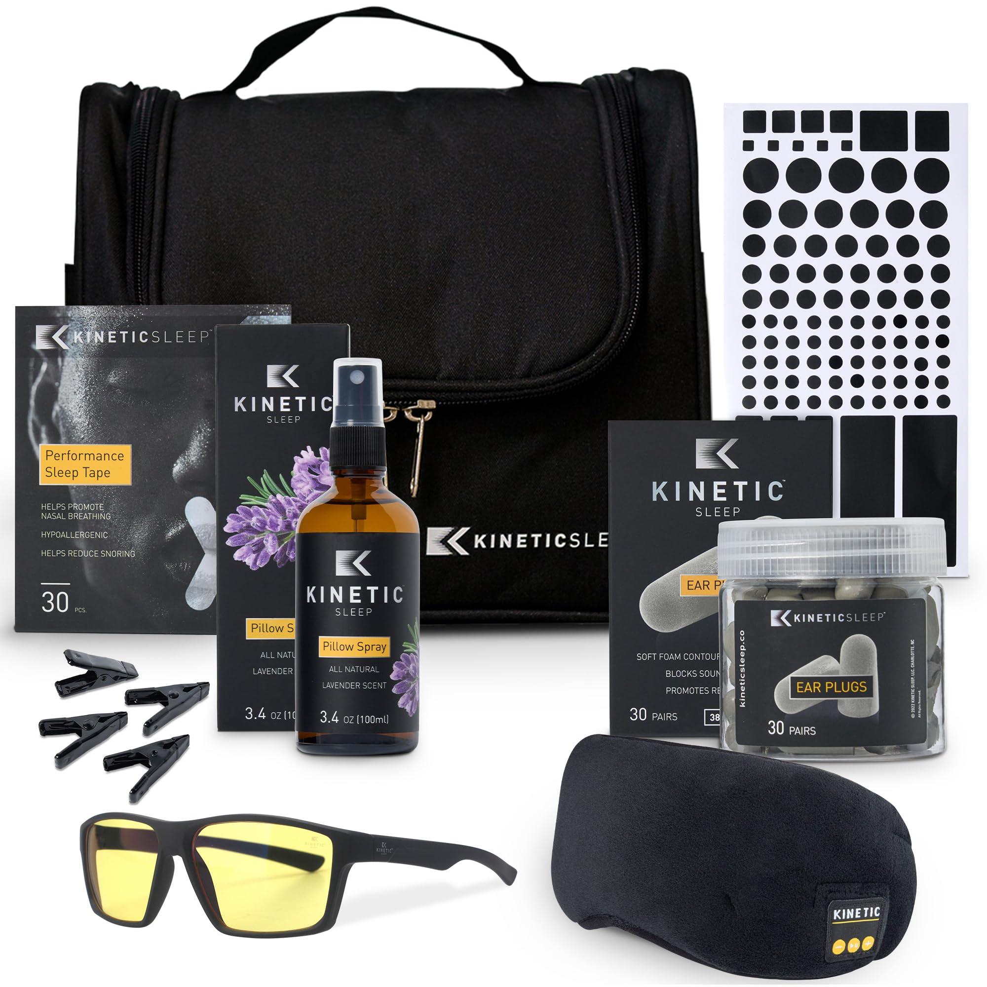 8-Piece Travel Sleep Kit - Bluetooth Eye Masks, Blue Light Glasses, Ear Plugs, Mouth Tape, Black Stickers, Lavender Spray and Blackout Curtain Clips