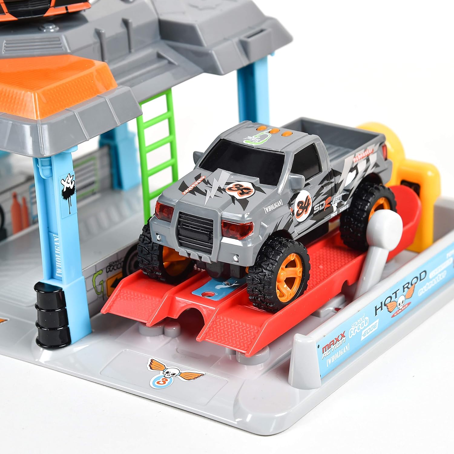 Hot Rod Garage - Lights and Sounds Toy Set for Kids | Working Intercom with Open and Close Parking Garage and Vehicle Lift | Playset Includes Pick Up Truck and Sports Car with Friction Motor : Toys & Games
