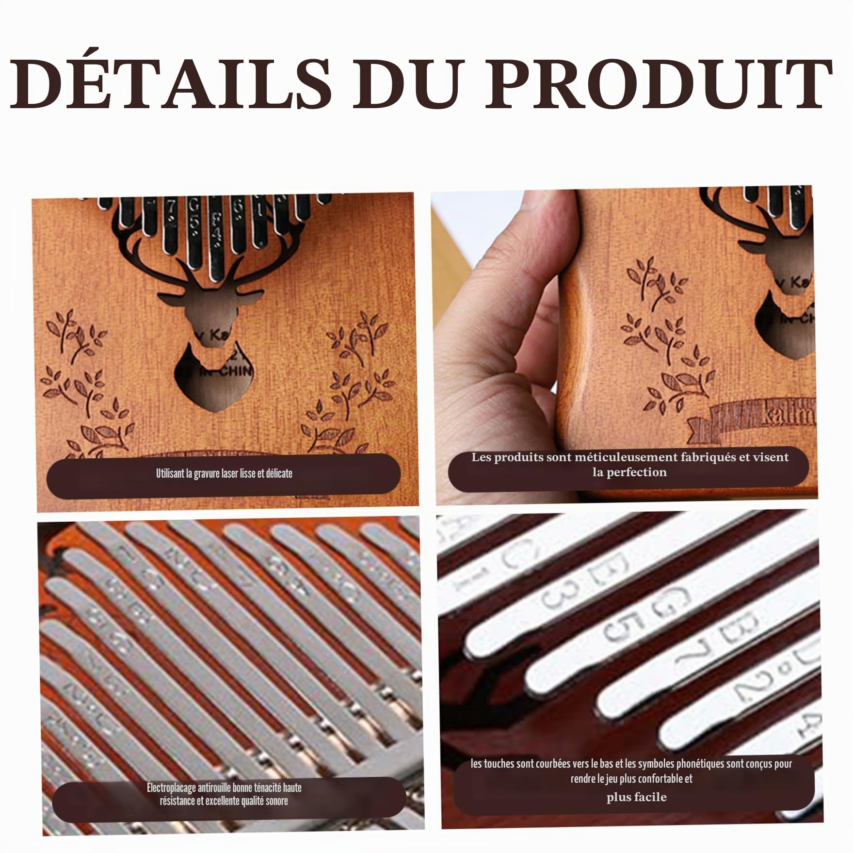 Piano à pouce Kalimba 21 touches en bois Kalimba Piano à pouce accordé portable avec sculpture portable pour enfants, adultes, débutants, cerf Pia