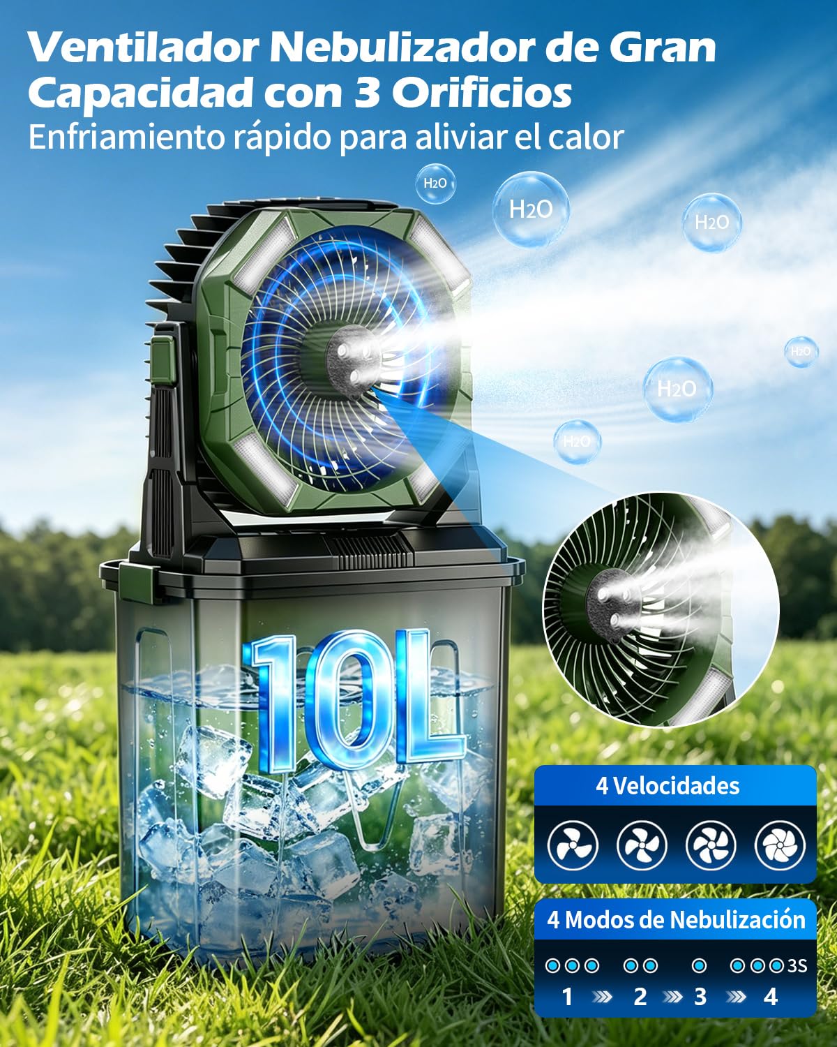 yAyusi 10L Ventilador Nebulizador Portátil Grande para Exteriore con Luz RGB, 3-en-1 20000mAh Ventilador Recargable con Control Remoto y Temporizador,4 Velocidade Modo Pulverización para Patio (Verde)