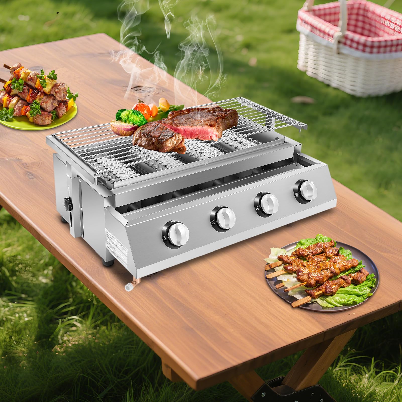 Mały grill gazowy ze stali nierdzewnej, z 4 palnikami, z regulacją wysokości 0-7 cm, na kemping, balkon, do ogrodu, 55,8 x 23,2 cm
