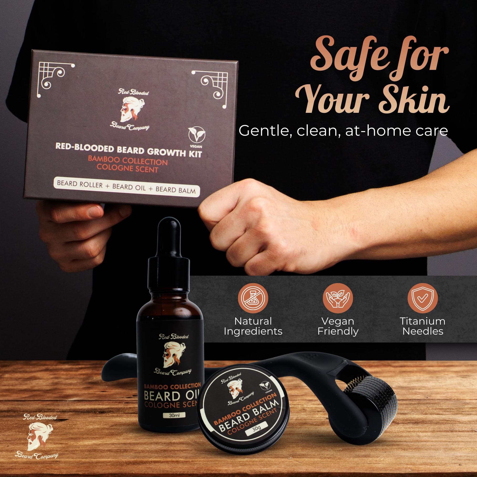 Red-Blooded Kit Crescita Barba Uomo - Beard Roller + Olio barba + Balsamo Barba | Stimolare La Crescita Della Barba | Kit Barba Uomo Professionale | Set Barba Uomo Regalo | Dermaroller Barba