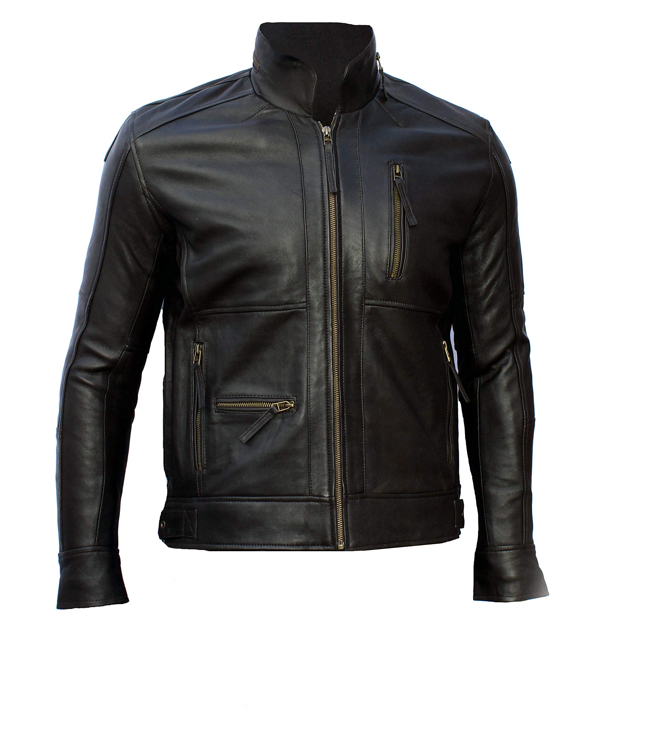 Mens Genuine Leather Biker Style Bomber Jacket Black