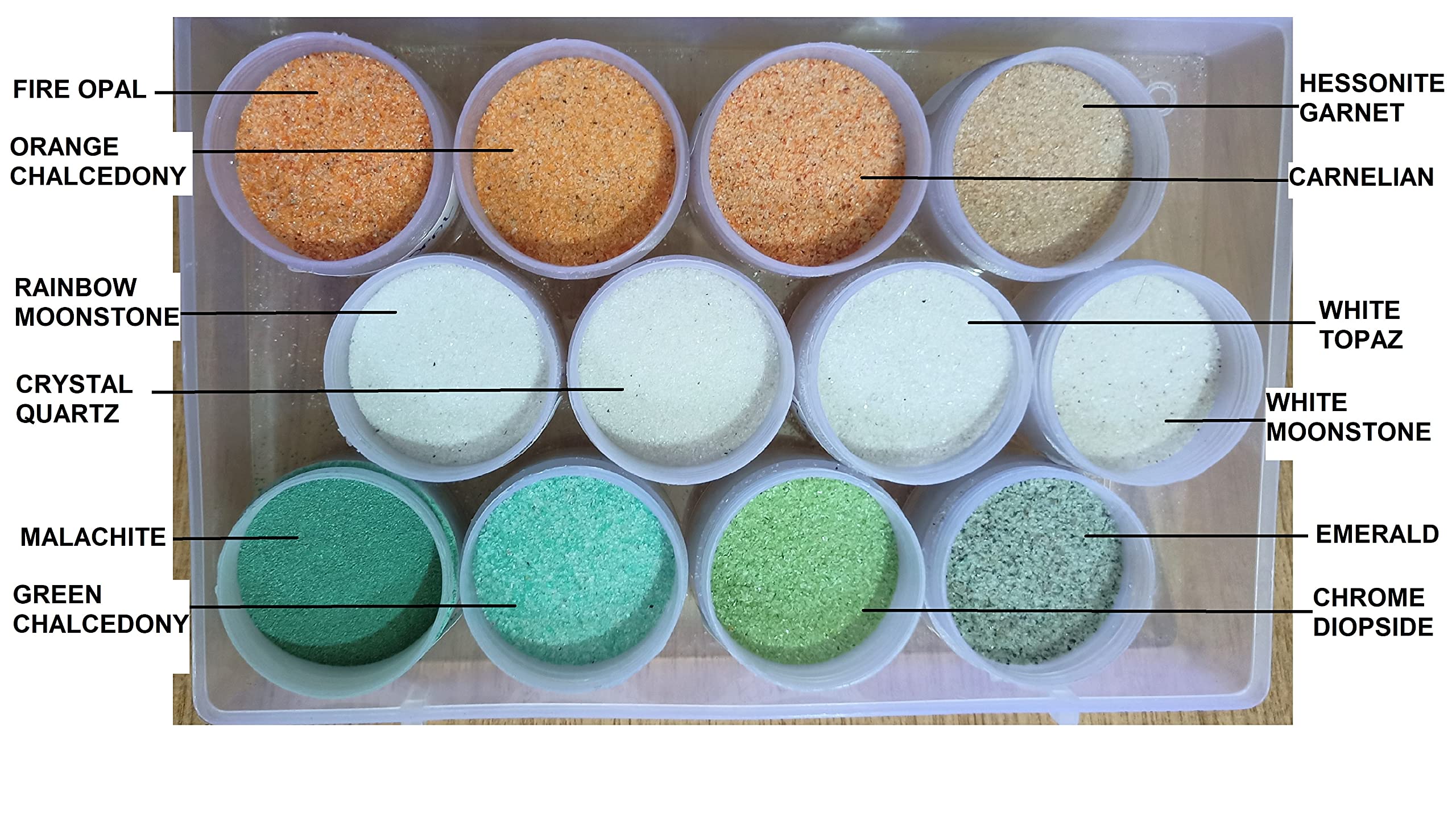 World Of Wood: Natural Gemstone Dust Powder -Set of 12, Shades of 3 Color Stone -950 Ct. Used in Healing, Mineral Art, Candle Making, Resin Art, Jewelry Making
