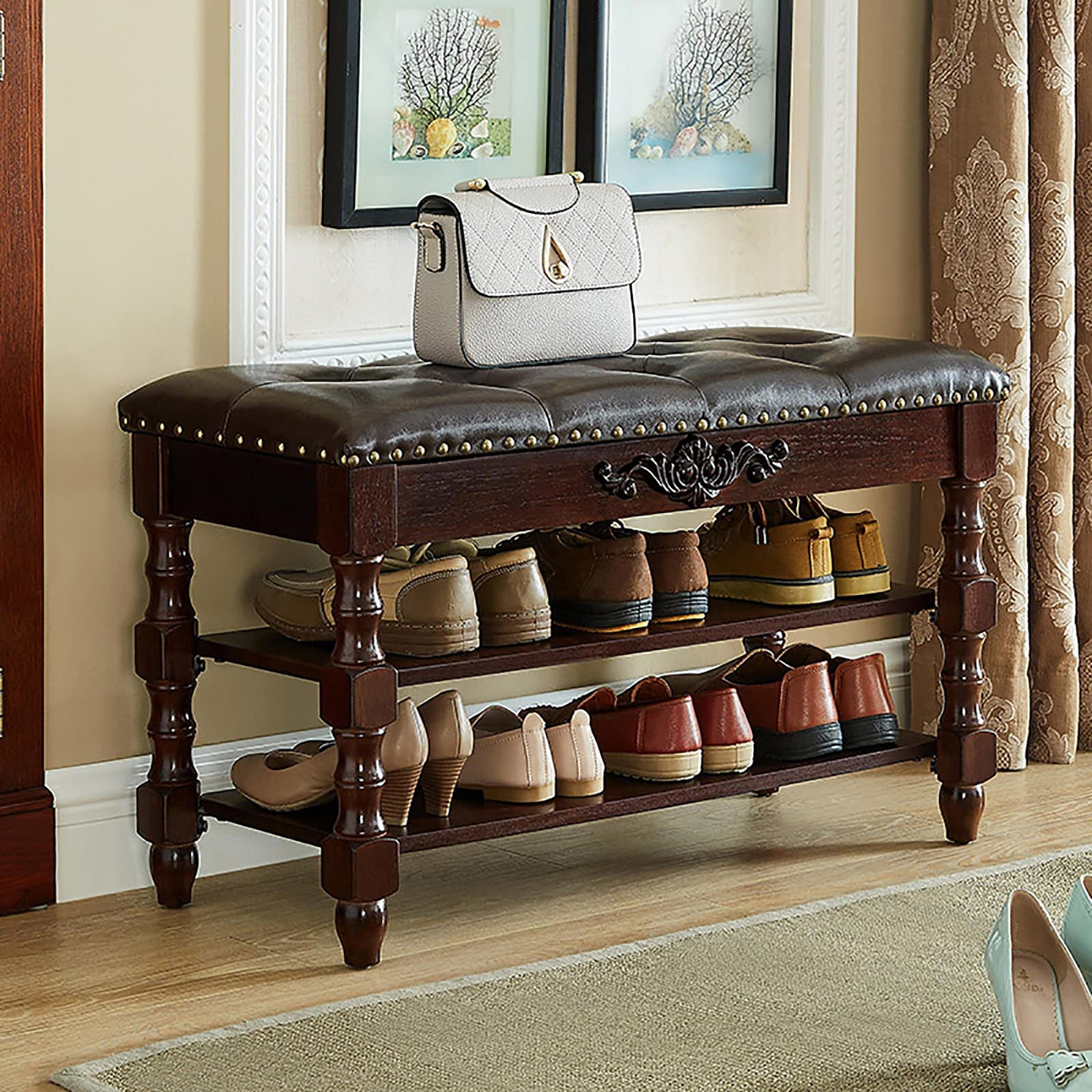Banc de chaussure vintage avec rangement et coussin confortable pour entrée