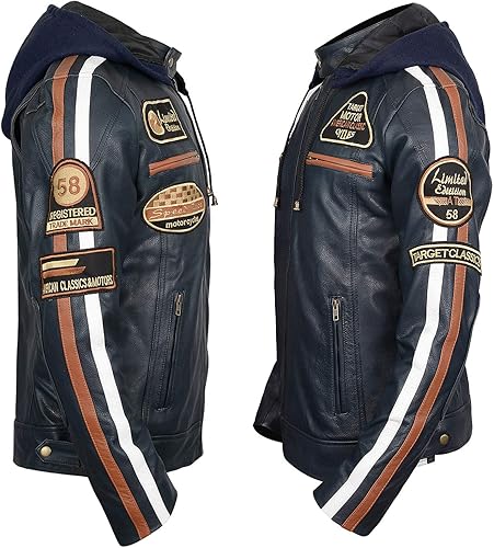 Vista 3 de LP-FACON Chaqueta de cuero vintage para hombre, diseño de rayas retro, estilo Cafe Racer, capucha desmontable