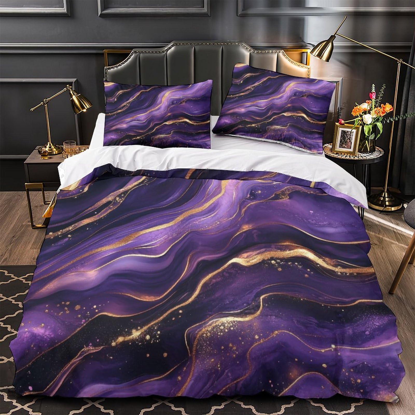 Housse de couette 3D imprimé violette avec 2 taies d'oreiller