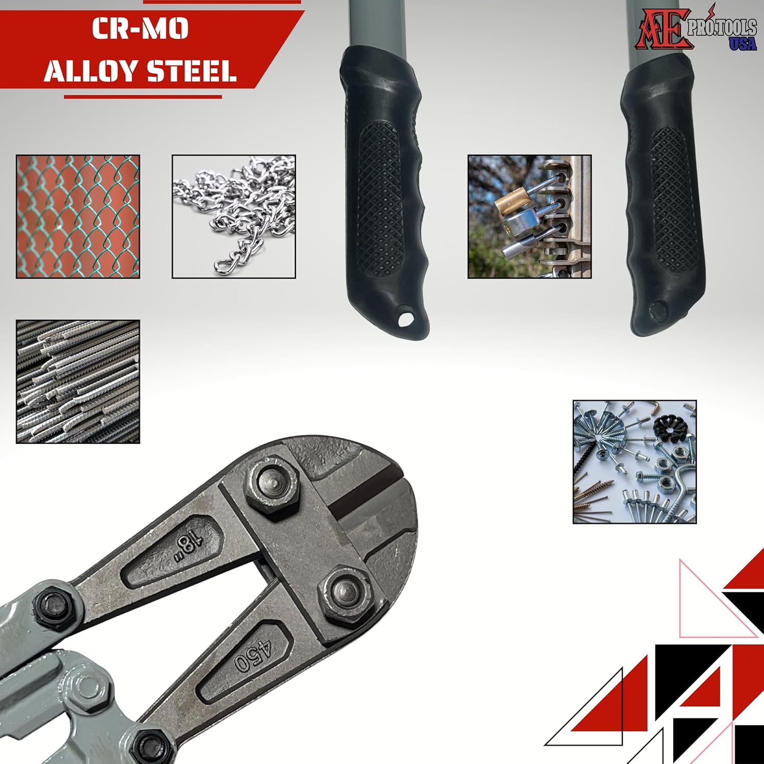 ATE Pro. Tools - 18" Heavy Duty Bolt Cutter, Drop Forged Cr-Mo Alloy Steel Blades, Ergonomic Non-Slip Handle, Cutter for Rebars, Chains, Locks, Wires, Bolts, Fence, Rivets