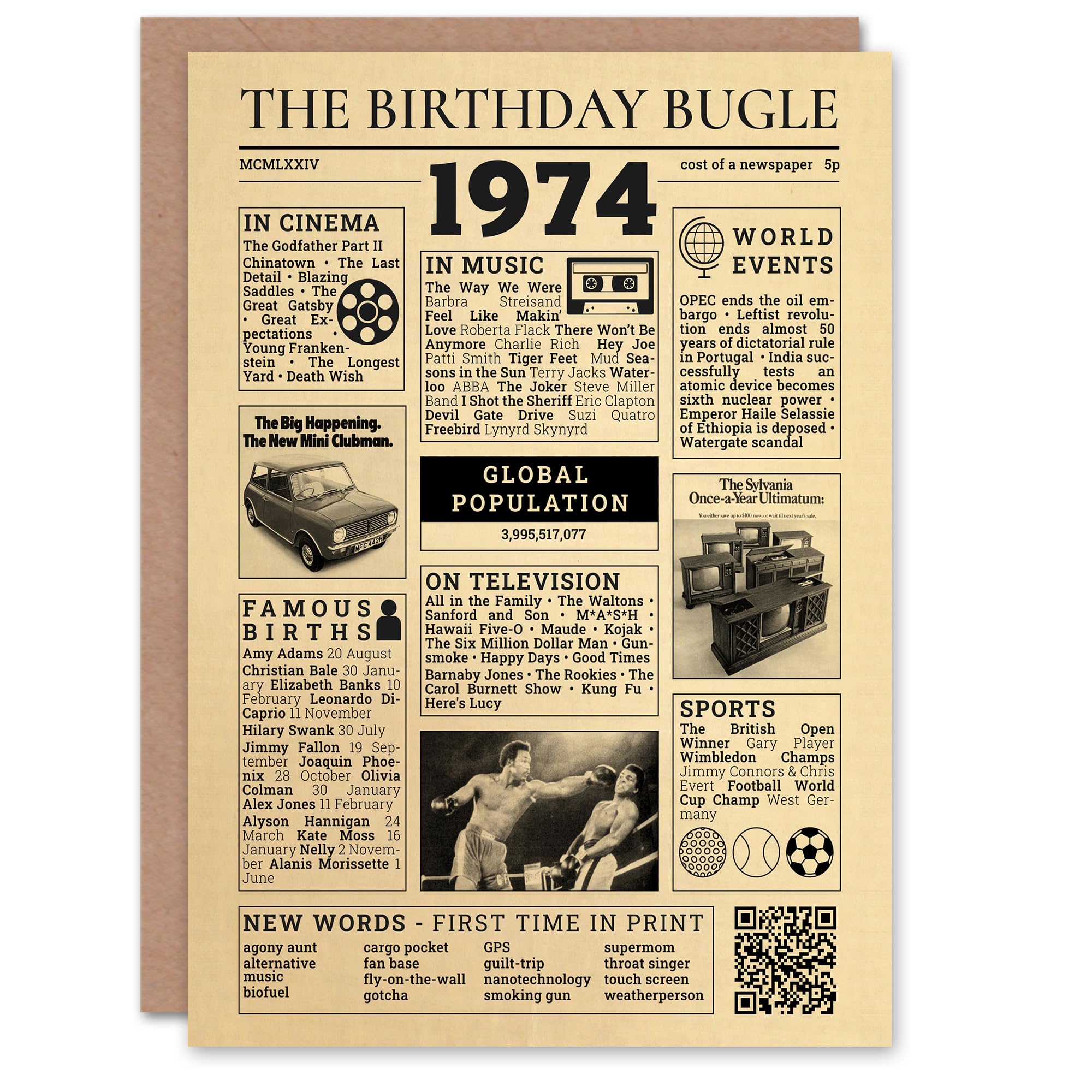 Artery8 Greeting Card Retro Born in 1974 Newspaper 50th Birthday For Him Or Her Art Birthday Card