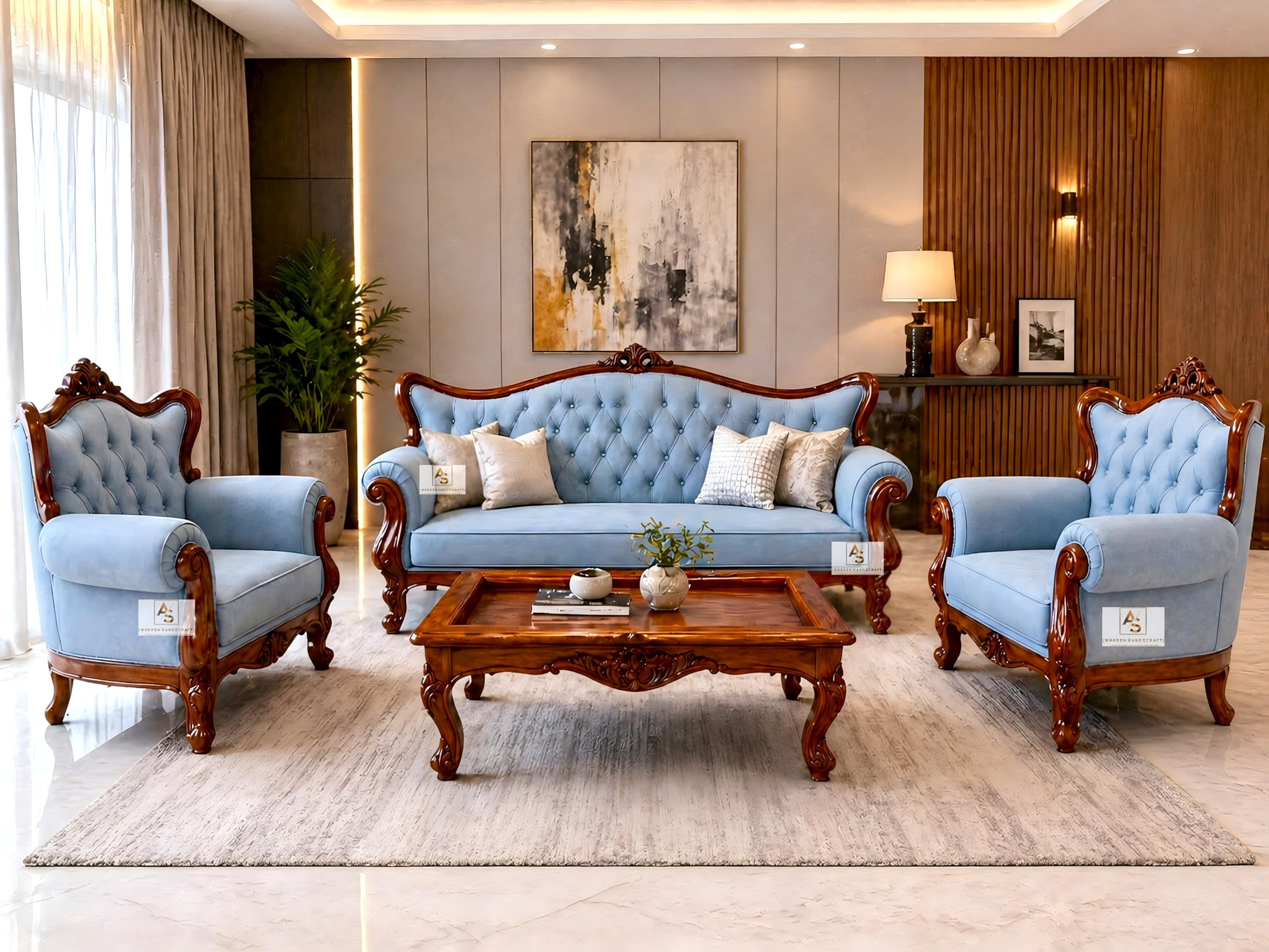 Luxury Solid Pure Sheesham Wood Carved 3+1+1 Sofa Set with Upholstery With Center Table Without Glass |Royal Design Living Room Furniture| Premium Sofa Set for Home & Office (Sky)-picture-16