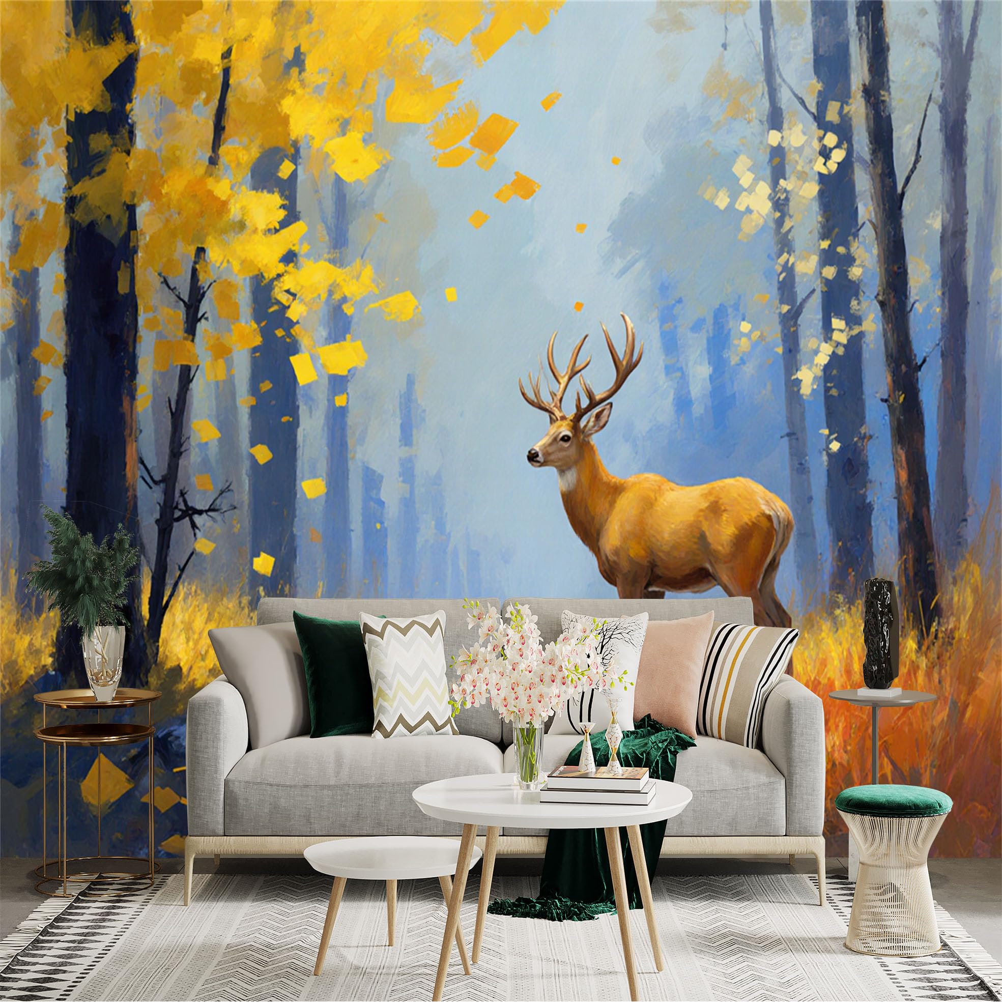 Lnzczhyre Xc260505632 Custom Size Wall Sticker Mural， Majestic Stag In Autumn Forest， Golden Yellow Foliage And Woodland Scenery， For Wall Decoration， Peelandstick Wall Decals.