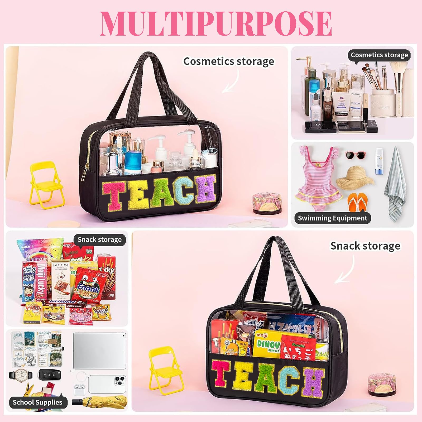 Kovewon Teacher Appreciation Gifts, Chenille Letter Teacher Tote Bag with Handle and Zipper, Waterproof Nylon Portable Makeup Toiletry Bag