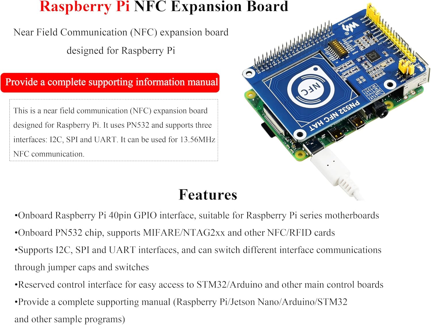 PN532 NFC HAT Compatible with Raspberry Pi 5/ 4B/3B+/3B/2B/A+/Zero W/WH/Zero 2 W/Pico/Pico 2W, PN532 Chip, Support Multi NFC/RFID Cards, 13.56 MHz Band, I2C, SPI, and UART Interfaces