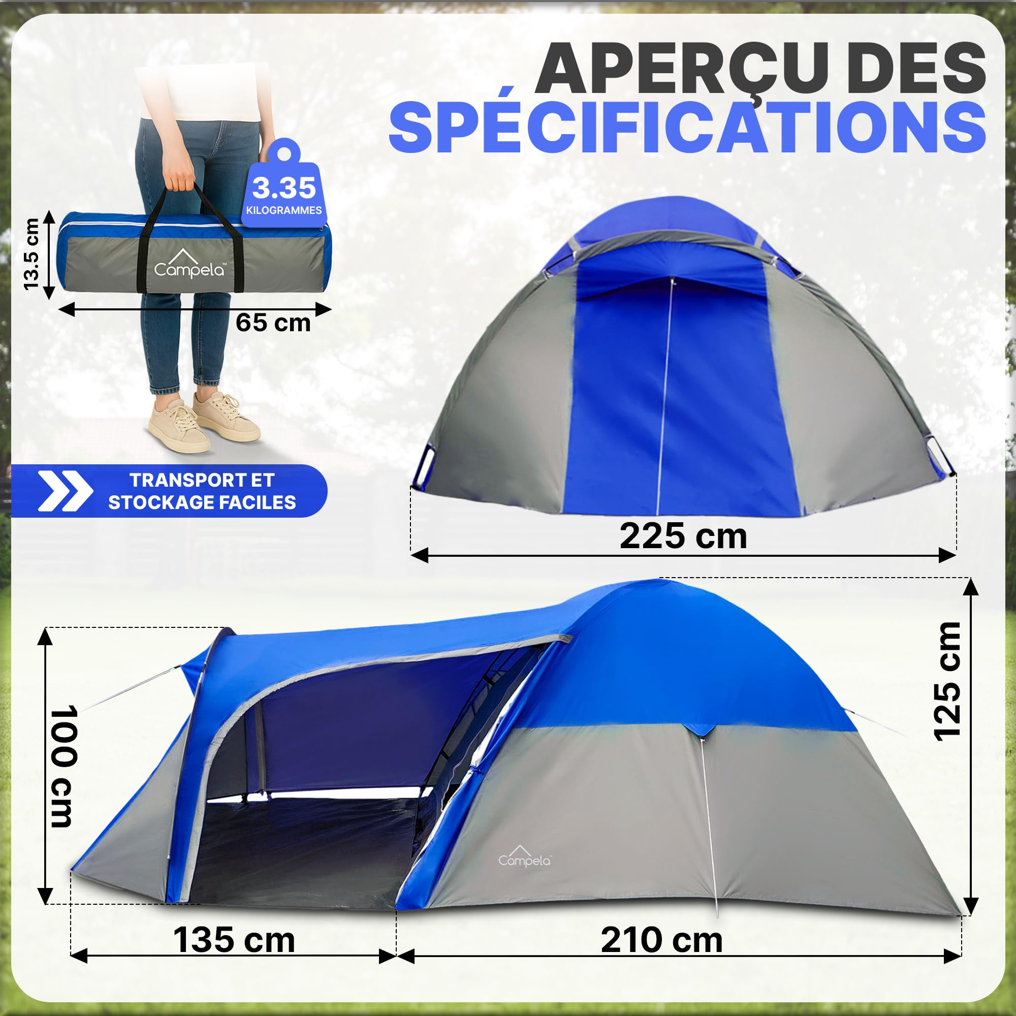 Tente igloo 3 personnes étanche à montage rapide - Tente igloo légère et compacte avec moustiquaire - Haute pour hiver, trekking, festival, vacances, camping