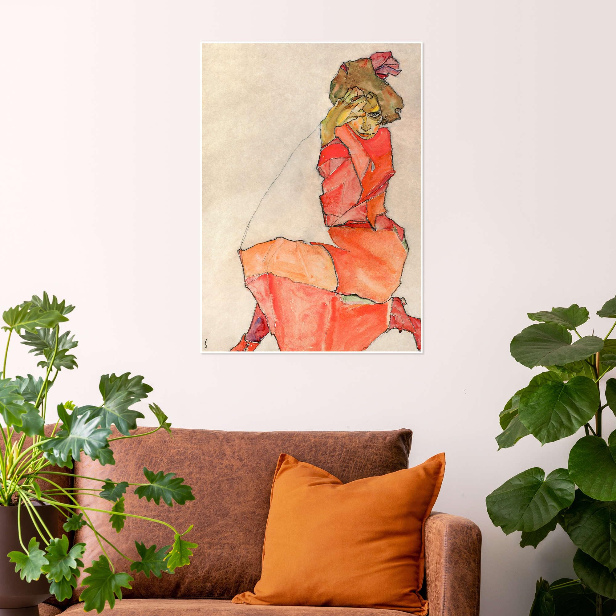Posterlounge Kniendes Mädchen in orange-rotem Kleid Poster | 100 x 130 cm von Egon Schiele Beige Wandbilder Wanddeko