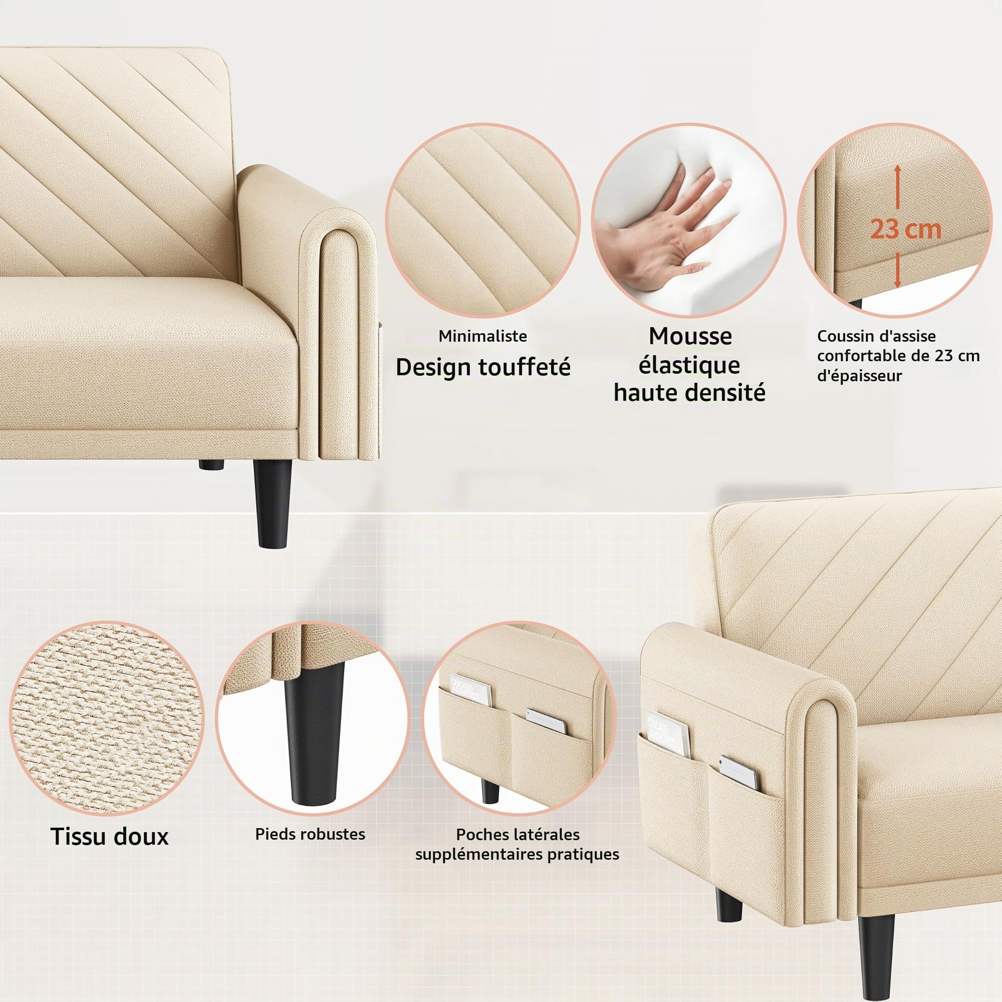 Yaheetech Canapé Convertible avec Dossier 3 Angles Réglables Beige