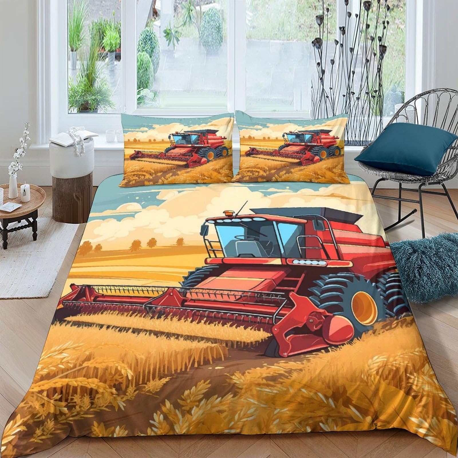 TUFRTGYHN 3D Printed Red Harvester Duvet Cover Microfiber Soft Breathable Wheat Field Bedding Set with 2 Pillowcases for Bedroom Decor Single（135x200cm）