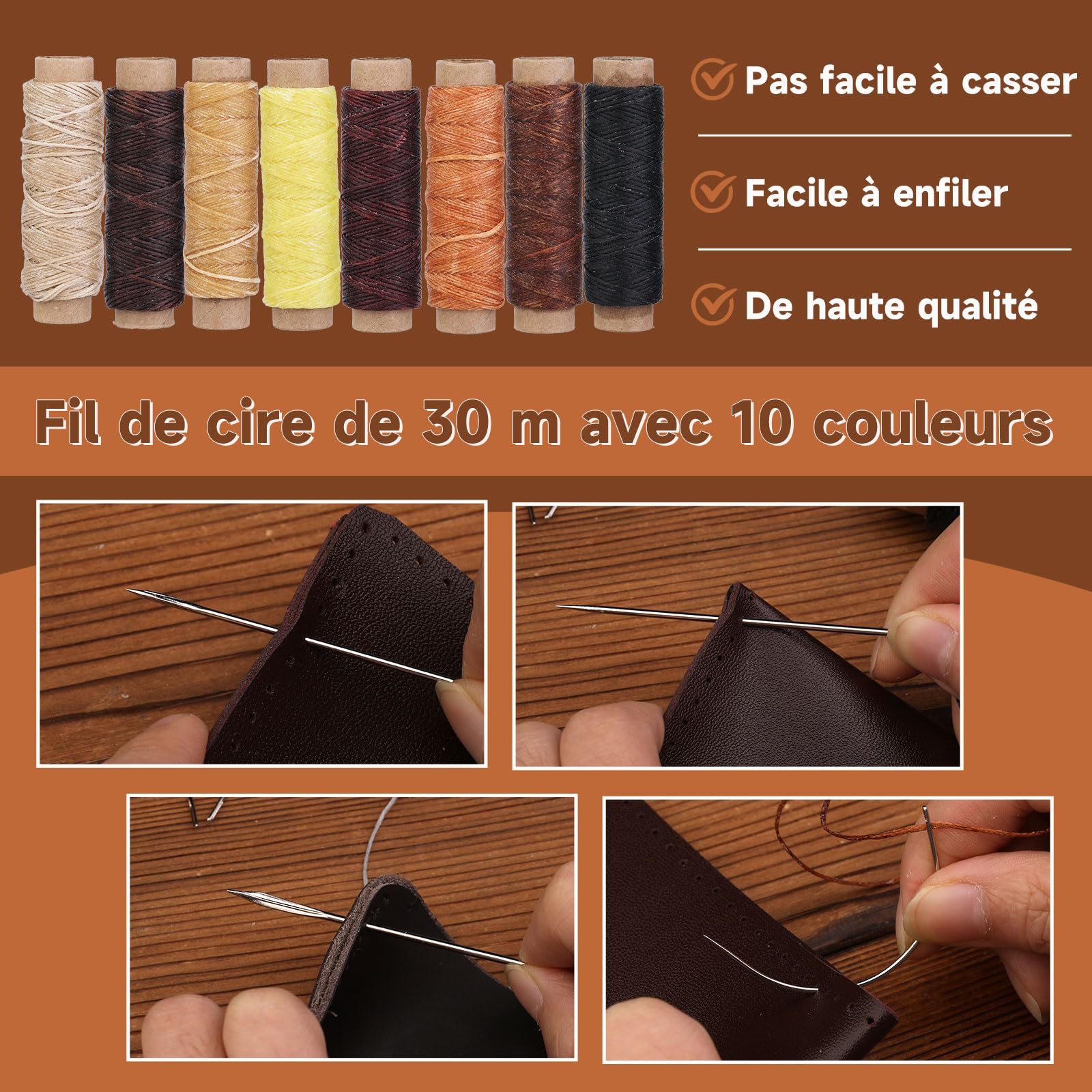 Outils de travail du cuir Outils et fournitures en cuir Kit d'artisanat en avec poinçon à rainurer en fil ciré pour couper le poinçonnage, la couture du et le bricolage