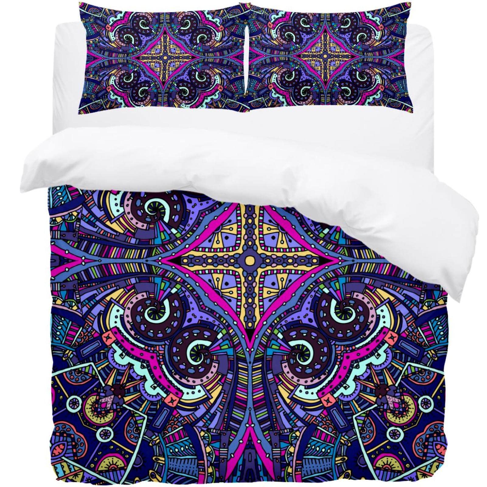 Parure de lit avec housse de couette trippy et taie d'oreiller mandala ethnique bohème