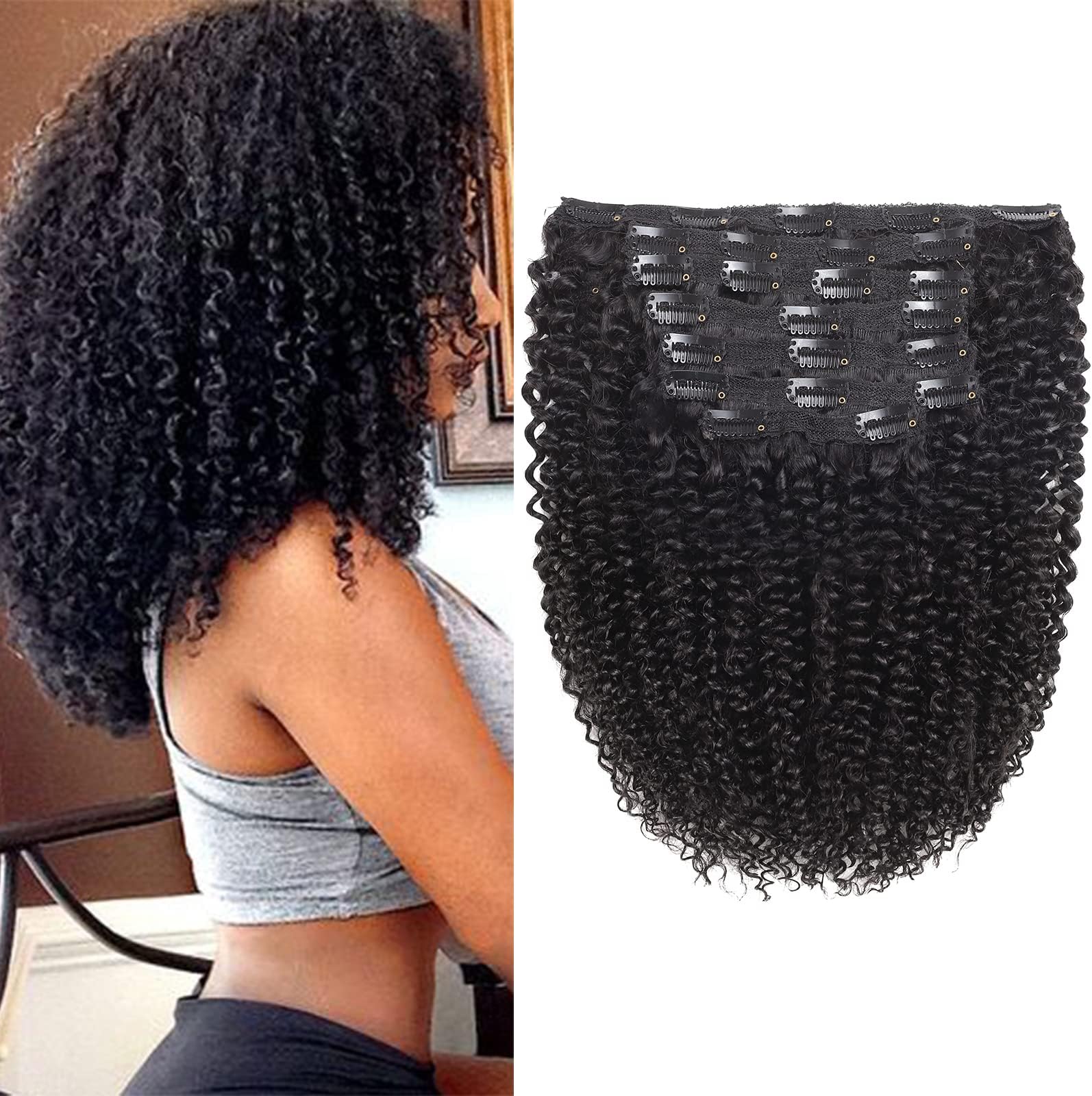 Kinky Curly Clip in Hair Extensions Human Hair 14 Inch 3C 4A Kinky Curly Hair Extensions Clip Ins for Black Women Double Weft Real Brazilian Remy Human Hair 7 Pcs with 24 Clips,Natural Black