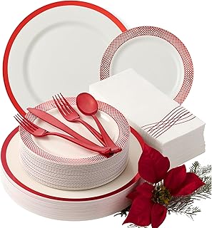 By Madee HEAVYWEIGHT 175 Pc Christmas Dinnerware Sets | White with Red P...
