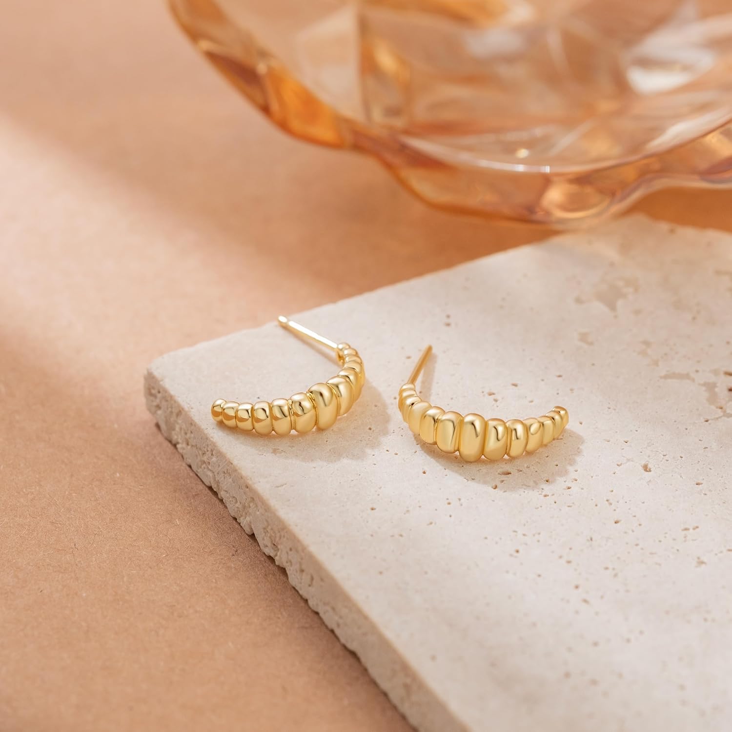 Gold Hoop Earrings for Women 14K Gold Hoop Earrings for Women Hoops Earring for Womens Beaded C-Shaped Design Stud Dainty Cute Hoops Stud Earring for Womens 18mm - Image 7
