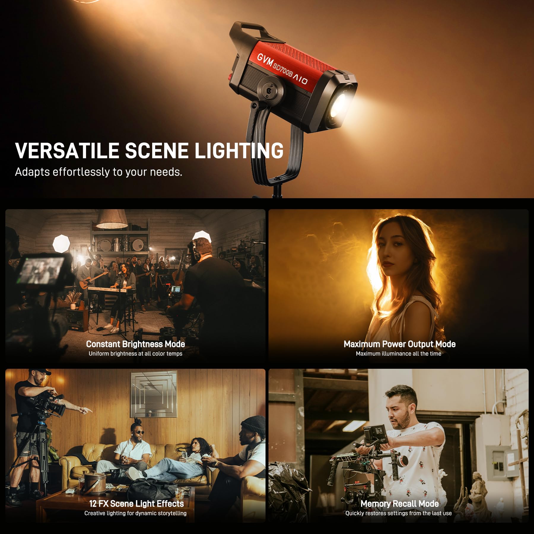 GVM SD700B - Luce video a LED, 700 W, luce da studio con supporto Bowen, kit di illuminazione fotografica 29100 lux/m con copertura standard, uscita continua per film, trasmissioni, CRI 97+, 2700