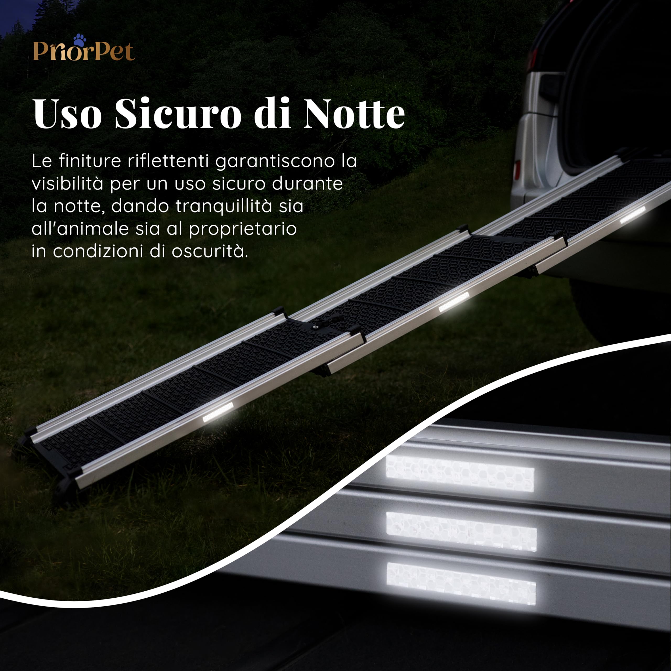 Rampa per Cani per Auto, SUV – Rampe Telescopiche Estensibili per Cani di Grossa Taglia – STABILI – ANTISCIVOLO – Sicurezza Notturna Lati Riflettenti – Capacità 90 kg – Clip di Bloccaggio – Nero