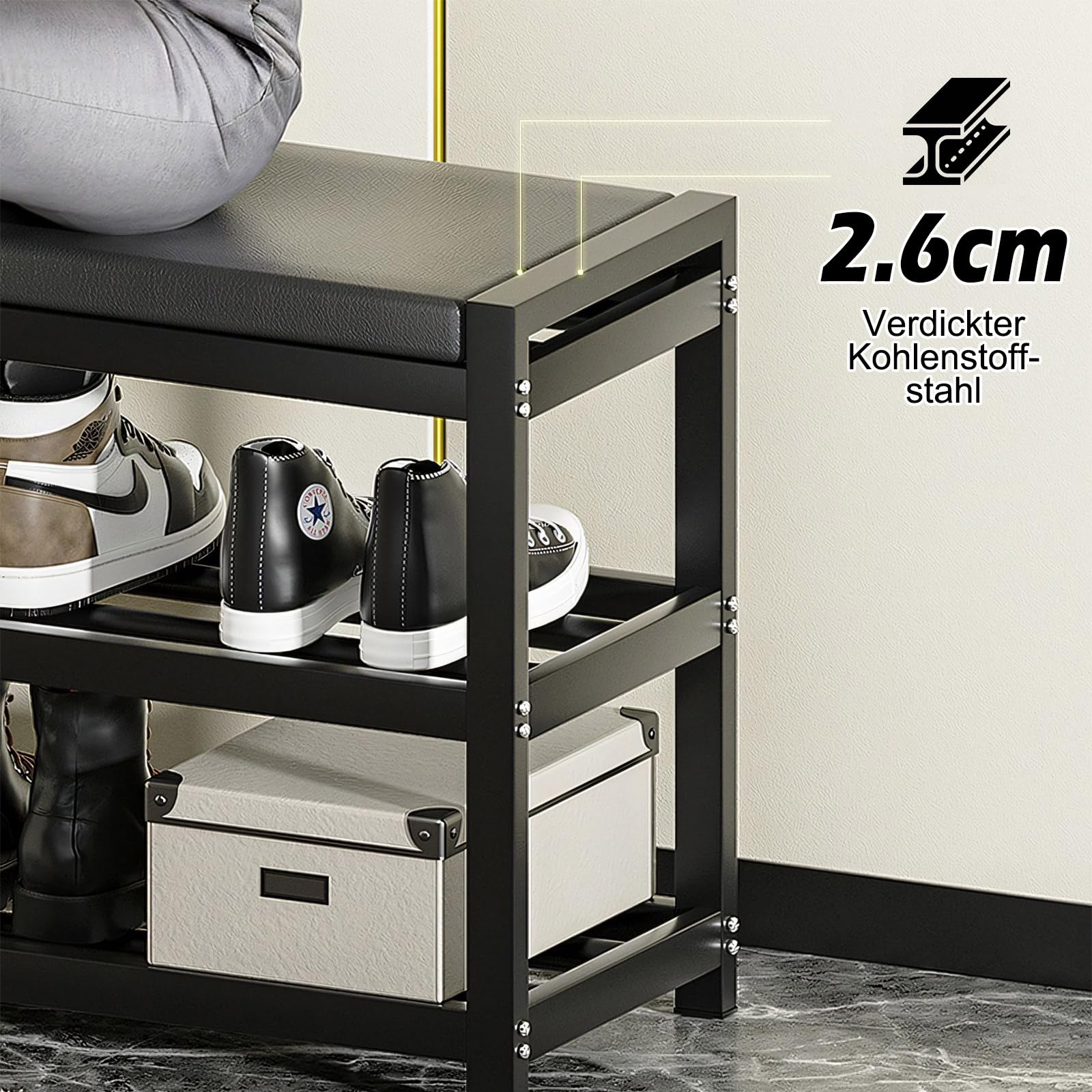 Schuhbank mit Sitzfläche, Metall Schuhregal mit 3 Ebenen, bis 150 kg belastbar, 65 x 25 x 41,5 cm, Schwarz Kohlenstoffstahl Sitzbank Schuhschrank Schuhständer für Eingang, Flur, Wohnzimmer
