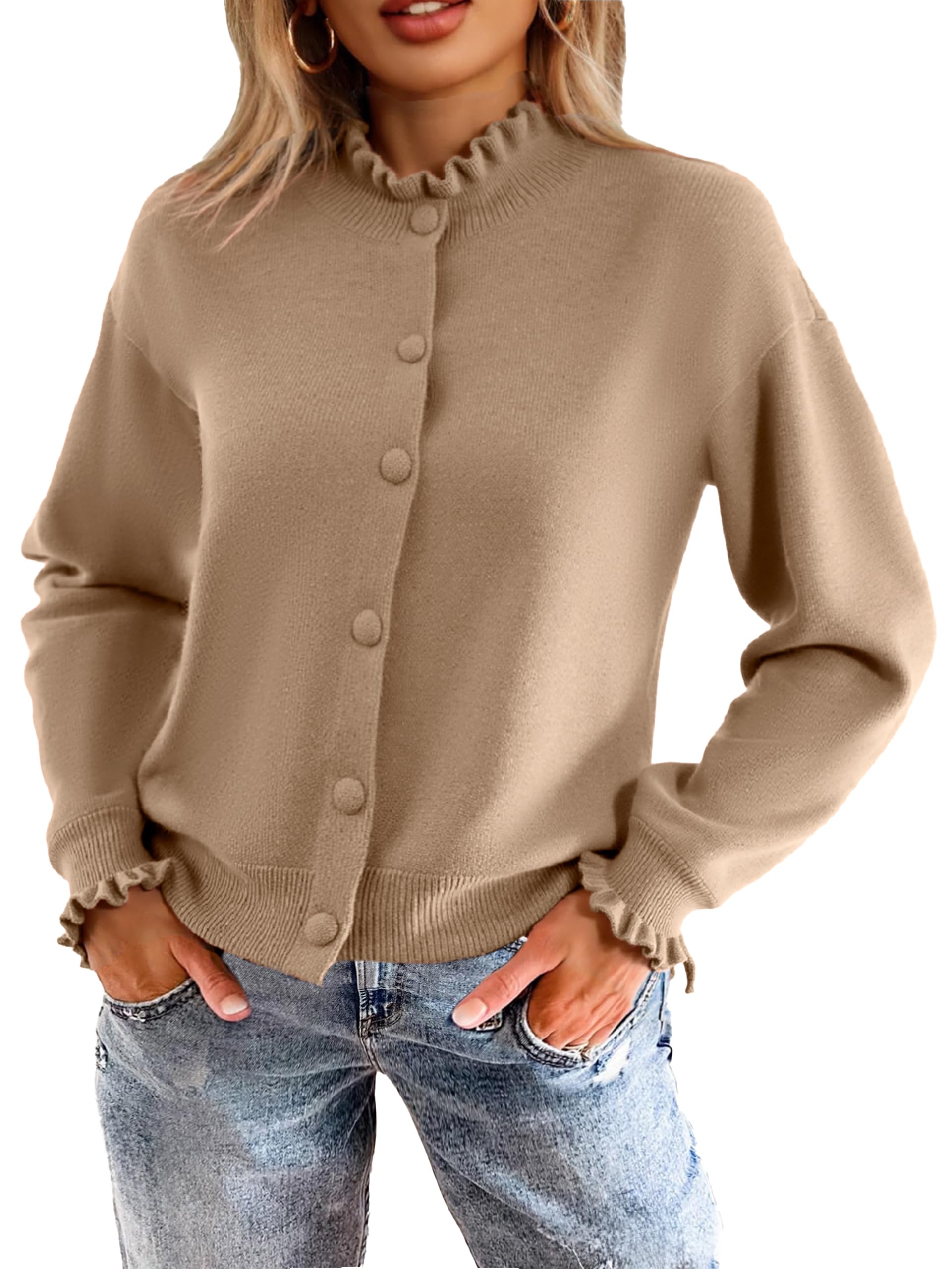 Simplee Short Knit Fall Cardigan Sweaters Cute Ruffle Mock Neck Long Sleeve Button Down Open Front Cardigans Trendy