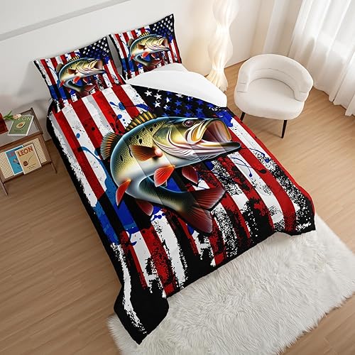 Miniatura 2 de HOSIMA Juego de edredón de pesca de lucio grande, juego de cama de caza y pesca con patrón de bandera estadounidense de perca, tamaño Queen para